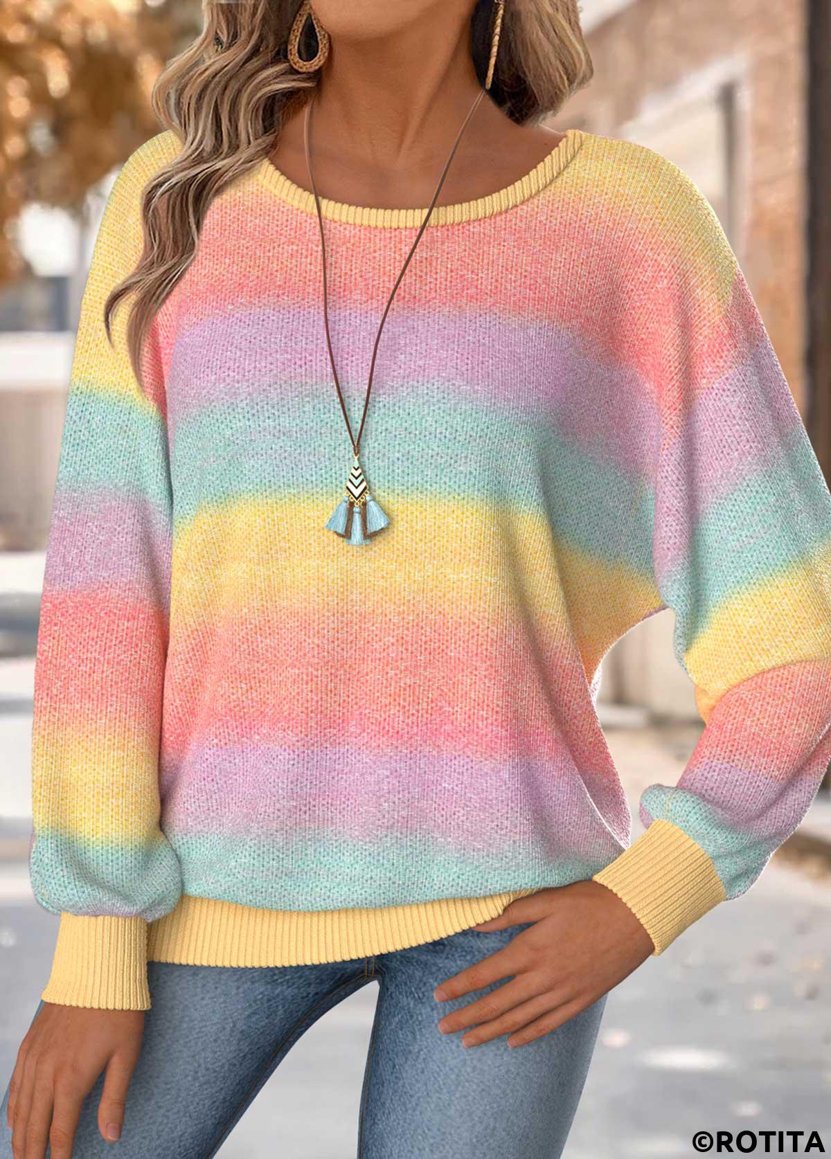 Multi Color tops,Ombre tops,ROTITA Tummy Coverage Ombre Multi Color Round Neck T Shirt