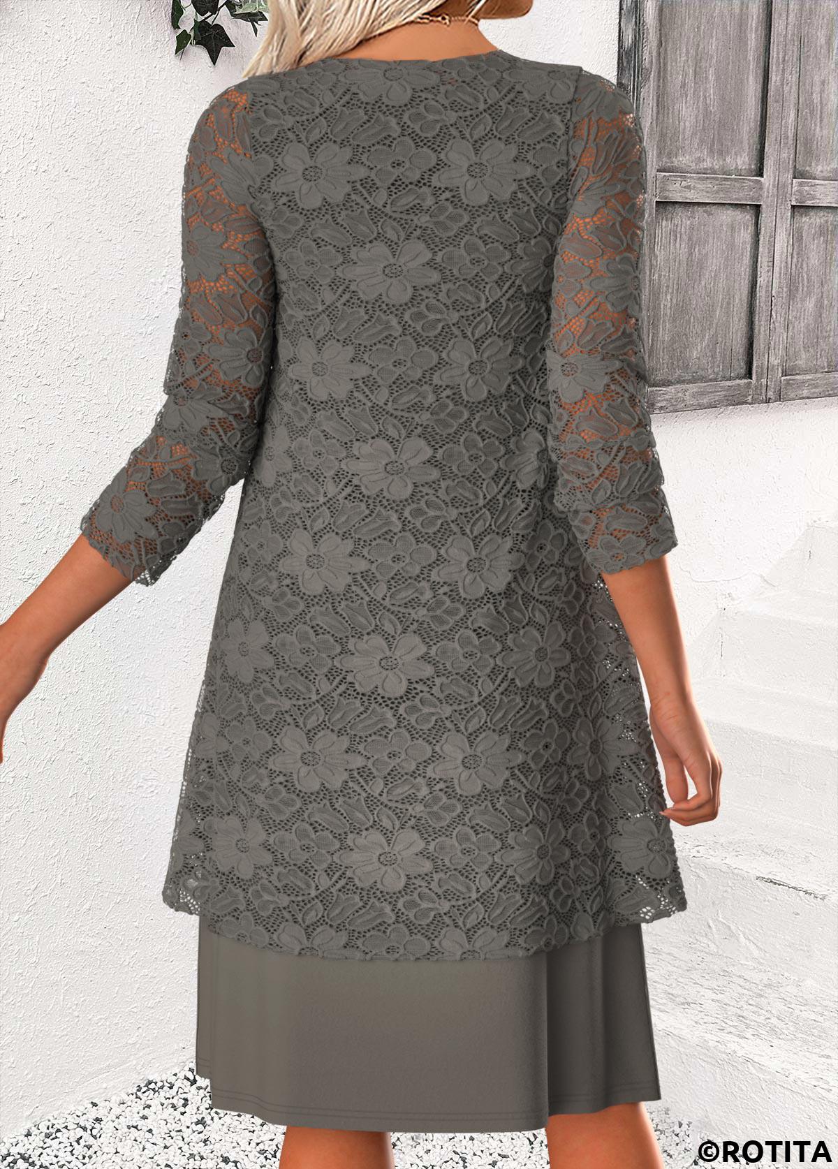 Grey dresses,Plain Color dresses,Casual dresses,ROTITA Tummy Coverage Grey Round Neck Dress and Cardigan