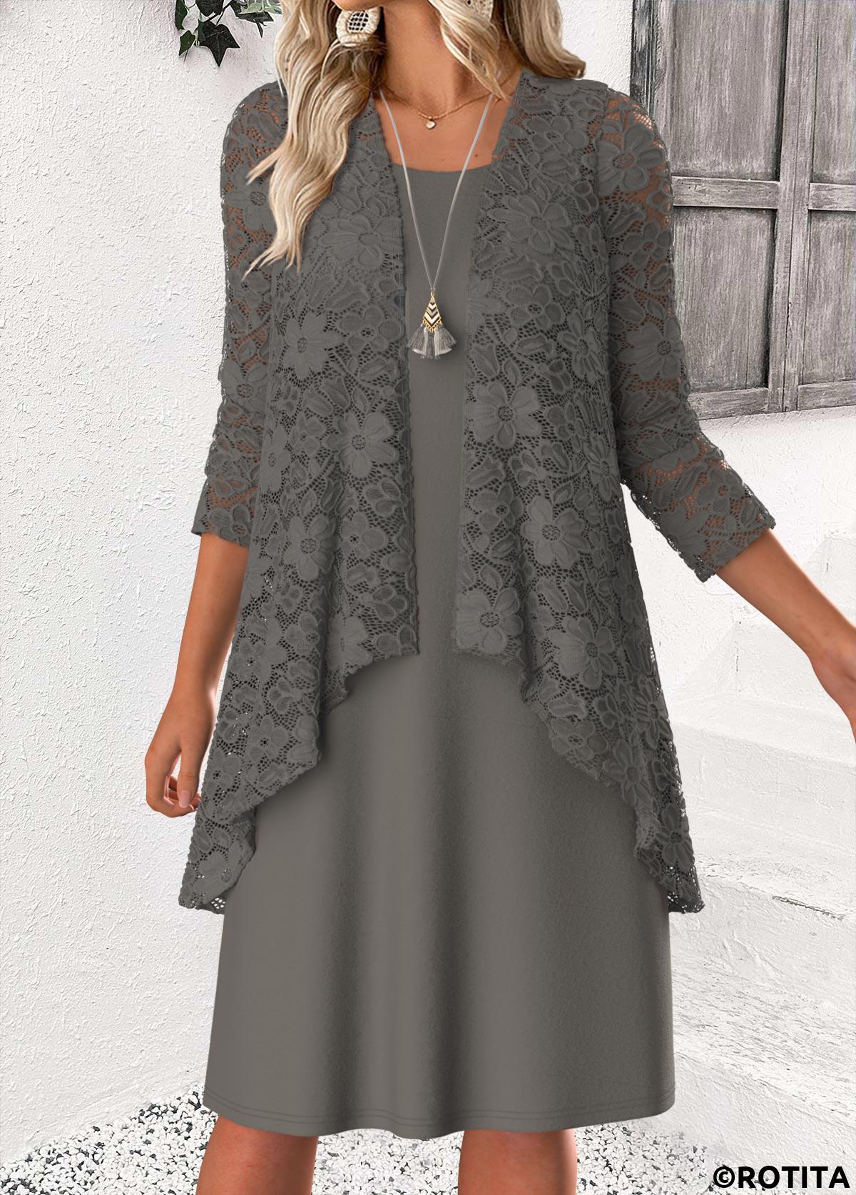 Grey dresses,Plain Color dresses,Casual dresses,ROTITA Tummy Coverage Grey Round Neck Dress and Cardigan