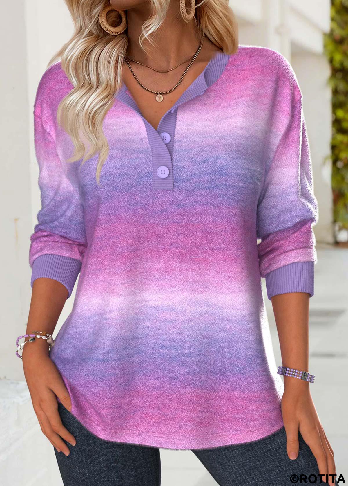 Multi Color tops,Ombre tops,ROTITA Tummy Coverage Ombre Multi Color Split Neck Sweatshirt
