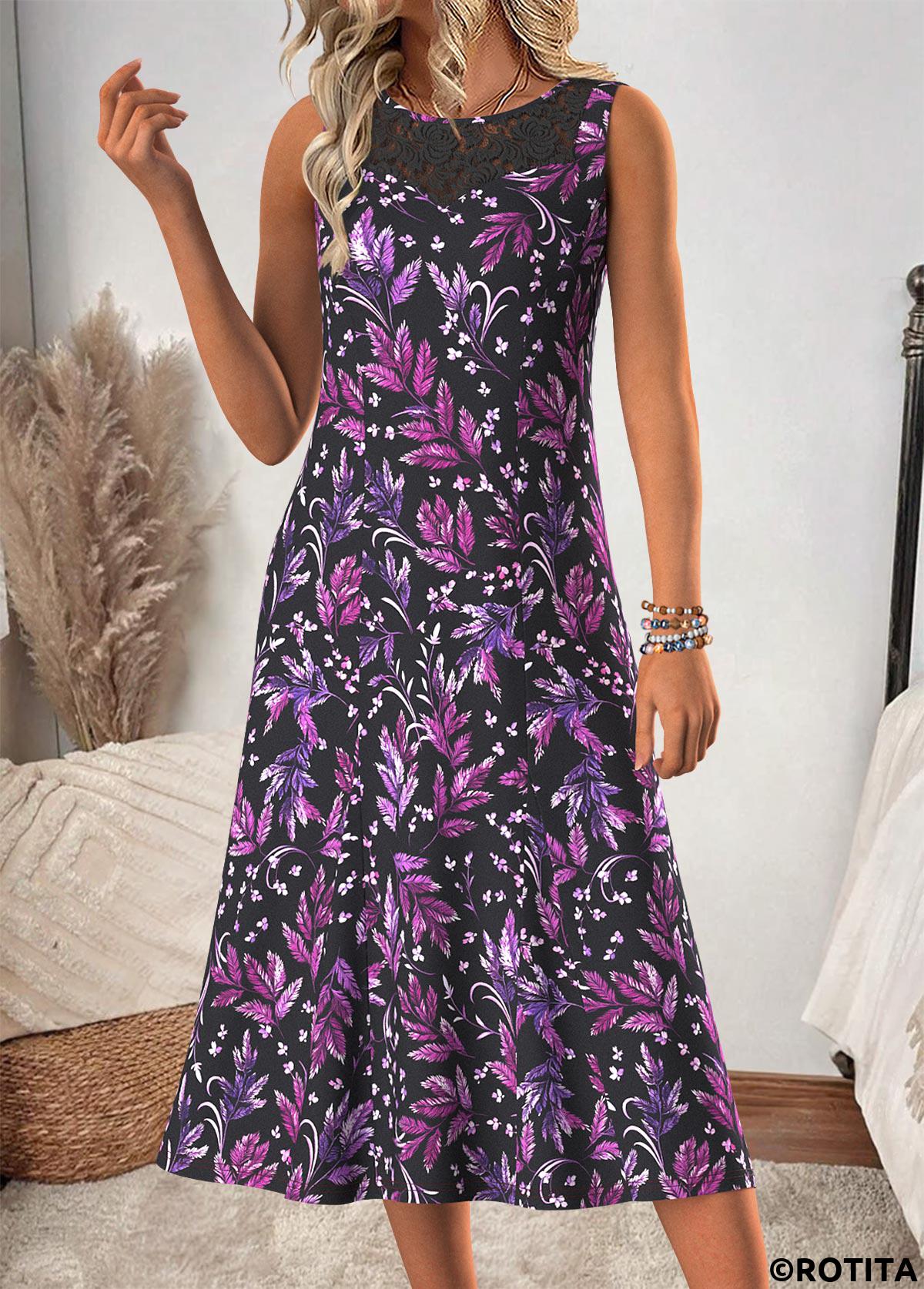 Purple dresses,Floral dresses,Plants dresses,Casual dresses,ROTITA Tummy Coverage Floral Print Purple Dress and Cardigan