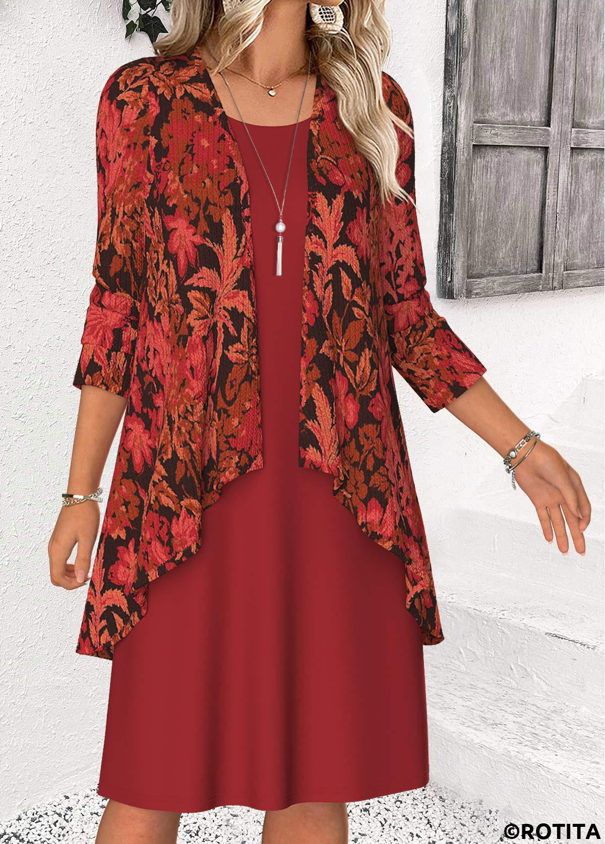 Red dresses,Plants dresses,Casual dresses,ROTITA Tummy Coverage Leaf Print Red Dress and Cardigan