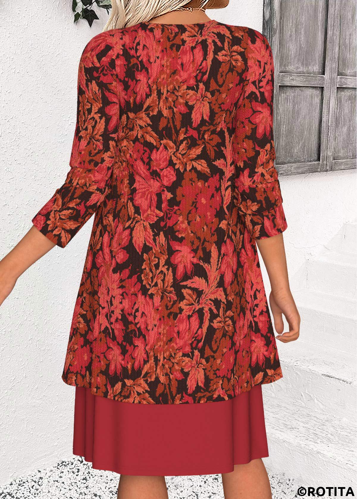 Red dresses,Plants dresses,Casual dresses,ROTITA Tummy Coverage Leaf Print Red Dress and Cardigan