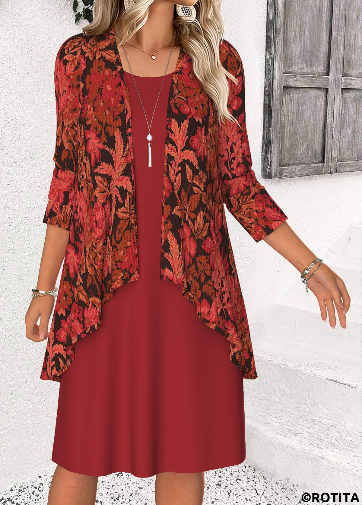 Red dresses,Plants dresses,Casual dresses,ROTITA Tummy Coverage Leaf Print Red Dress and Cardigan