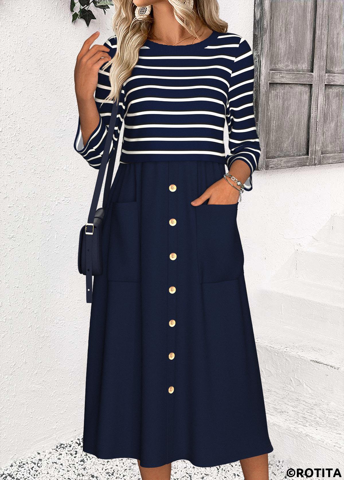 Navy dresses,Striped dresses,Geometric dresses,Casual dresses,ROTITA Tummy Coverage Striped Navy Round Neck 3/4 Sleeve Dress