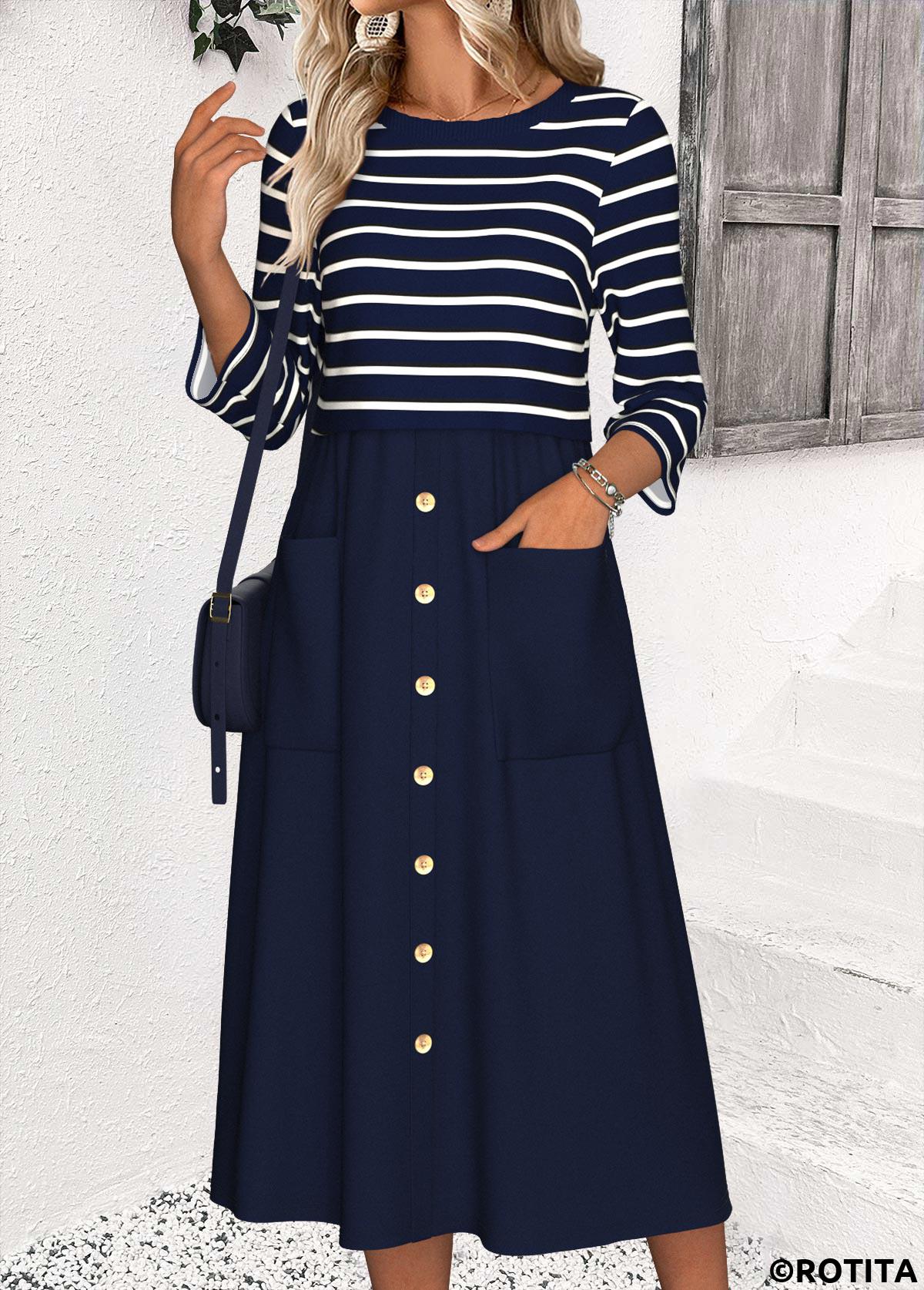 Navy dresses,Striped dresses,Geometric dresses,Casual dresses,ROTITA Tummy Coverage Striped Navy Round Neck 3/4 Sleeve Dress