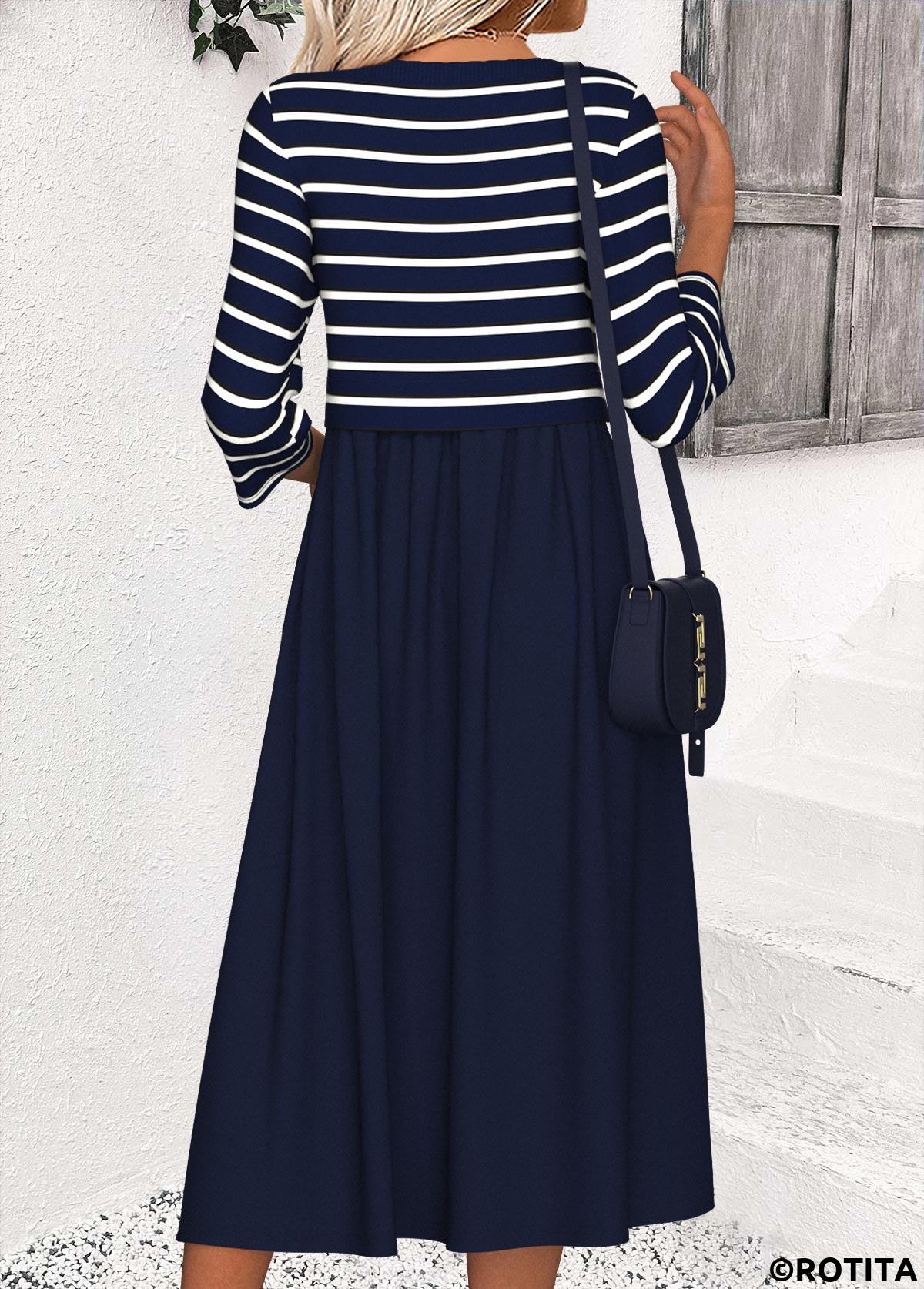 Navy dresses,Striped dresses,Geometric dresses,Casual dresses,ROTITA Tummy Coverage Striped Navy Round Neck 3/4 Sleeve Dress