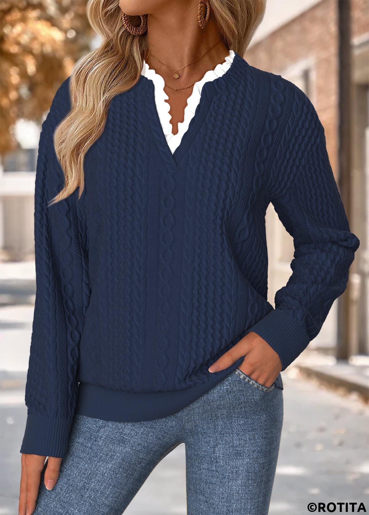 Navy tops,Plain Color tops,ROTITA Tummy Coverage Navy Split Neck Long Sleeve Sweatshirt