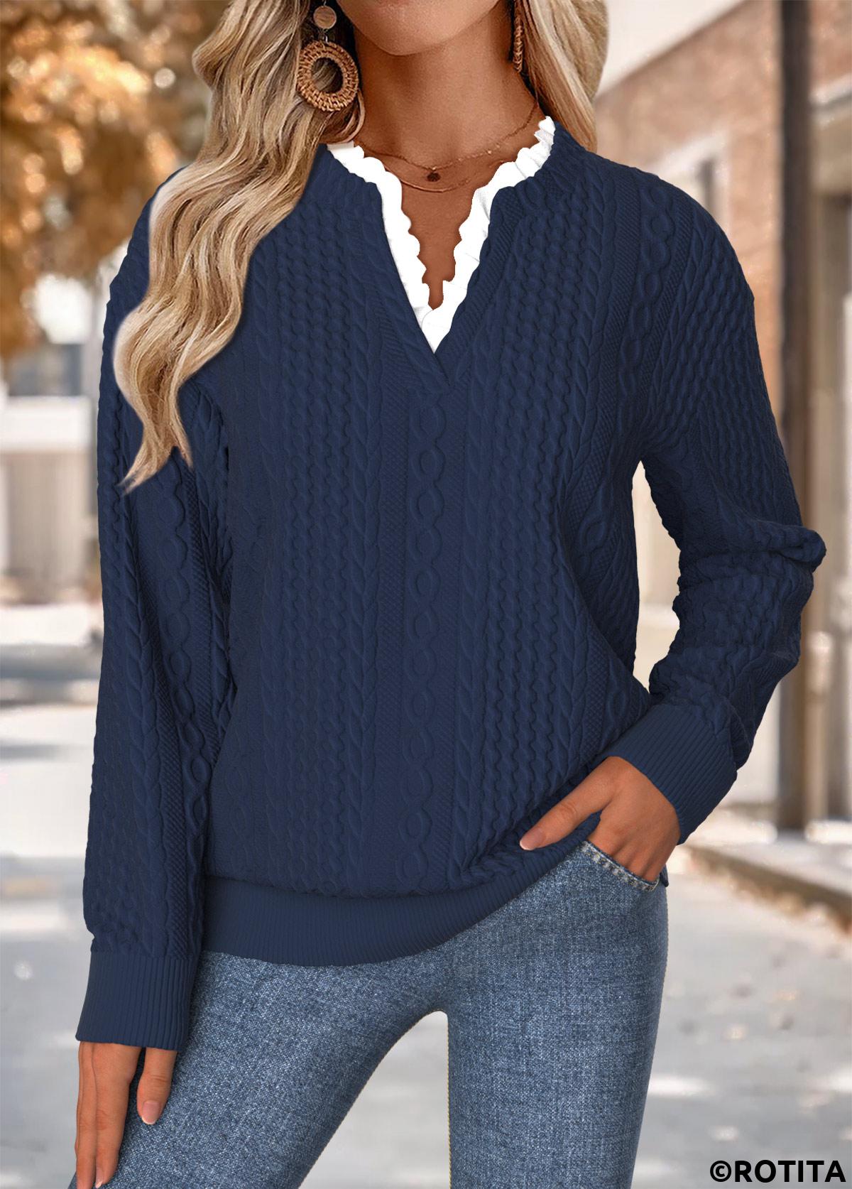 Navy tops,Plain Color tops,ROTITA Tummy Coverage Navy Split Neck Long Sleeve Sweatshirt