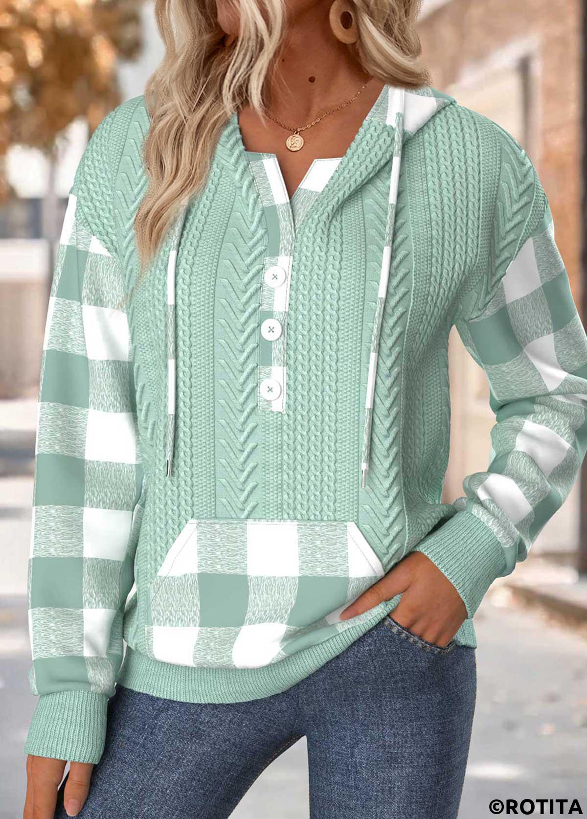 Sage Green tops,Plaid tops,Geometric tops,ROTITA Tummy Coverage Plaid Sage Green Long Sleeve Hoodie