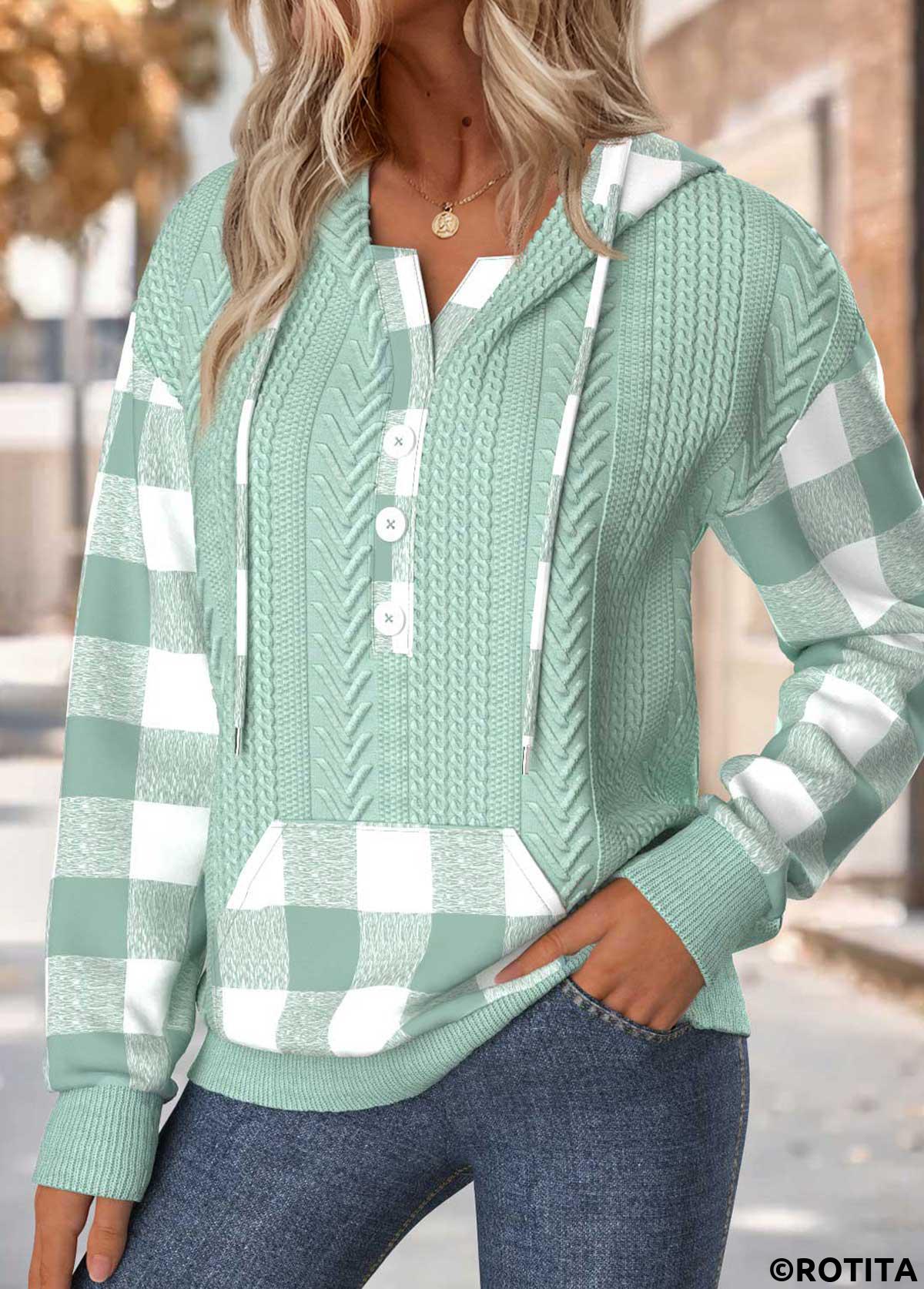 Sage Green tops,Plaid tops,Geometric tops,ROTITA Tummy Coverage Plaid Sage Green Long Sleeve Hoodie