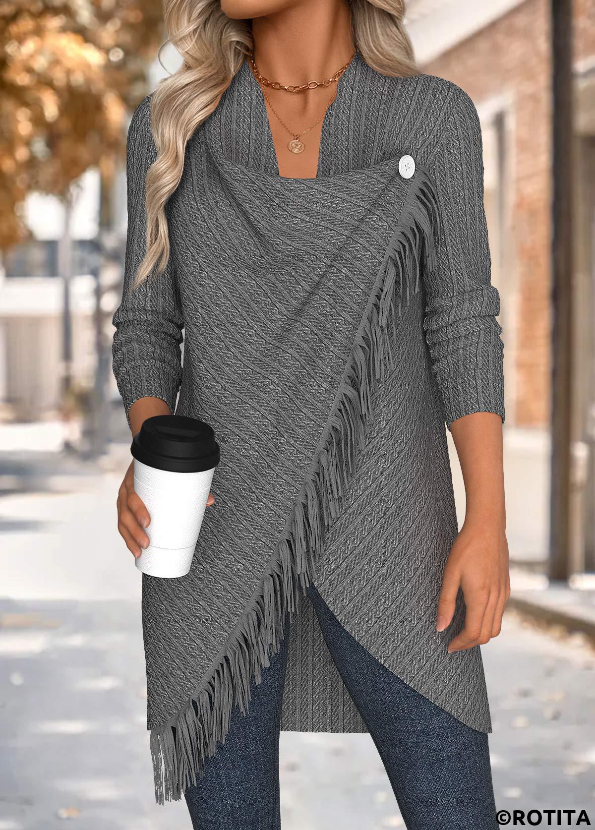 Grey tops,Plain Color tops,ROTITA Tummy Coverage Grey Draped Neck Long Sleeve Coat