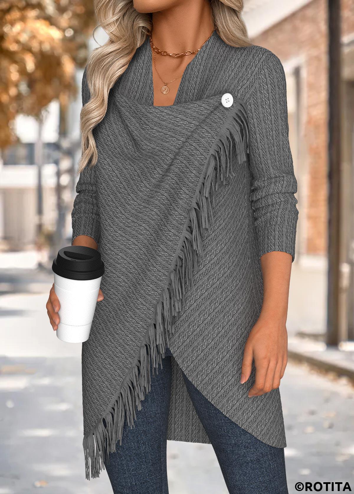 Grey tops,Plain Color tops,ROTITA Tummy Coverage Grey Draped Neck Long Sleeve Coat