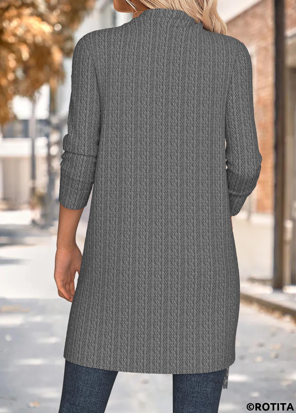 Grey tops,Plain Color tops,ROTITA Tummy Coverage Grey Draped Neck Long Sleeve Coat