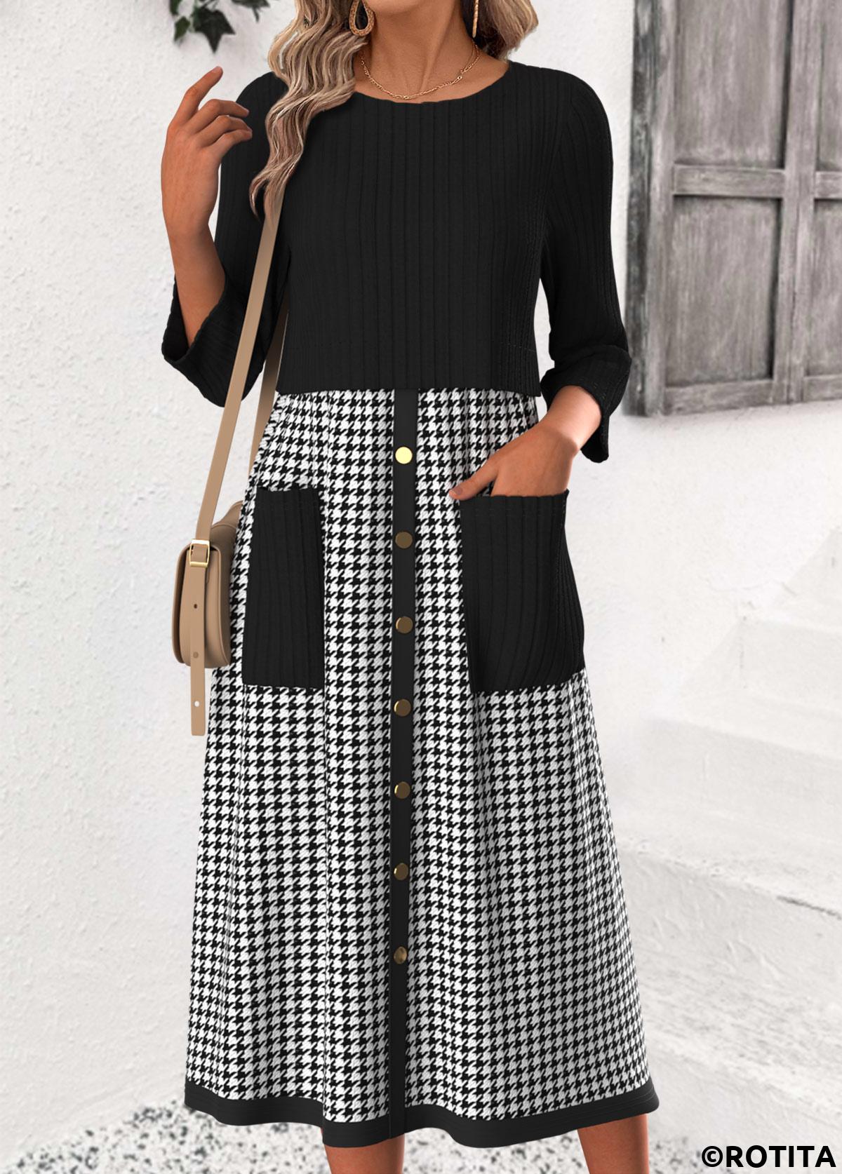 Black dresses,Plaid dresses,Geometric dresses,Everyday dresses,Casual dresses,ROTITA Tummy Coverage Plaid Black Round Neck 3/4 Sleeve Dress