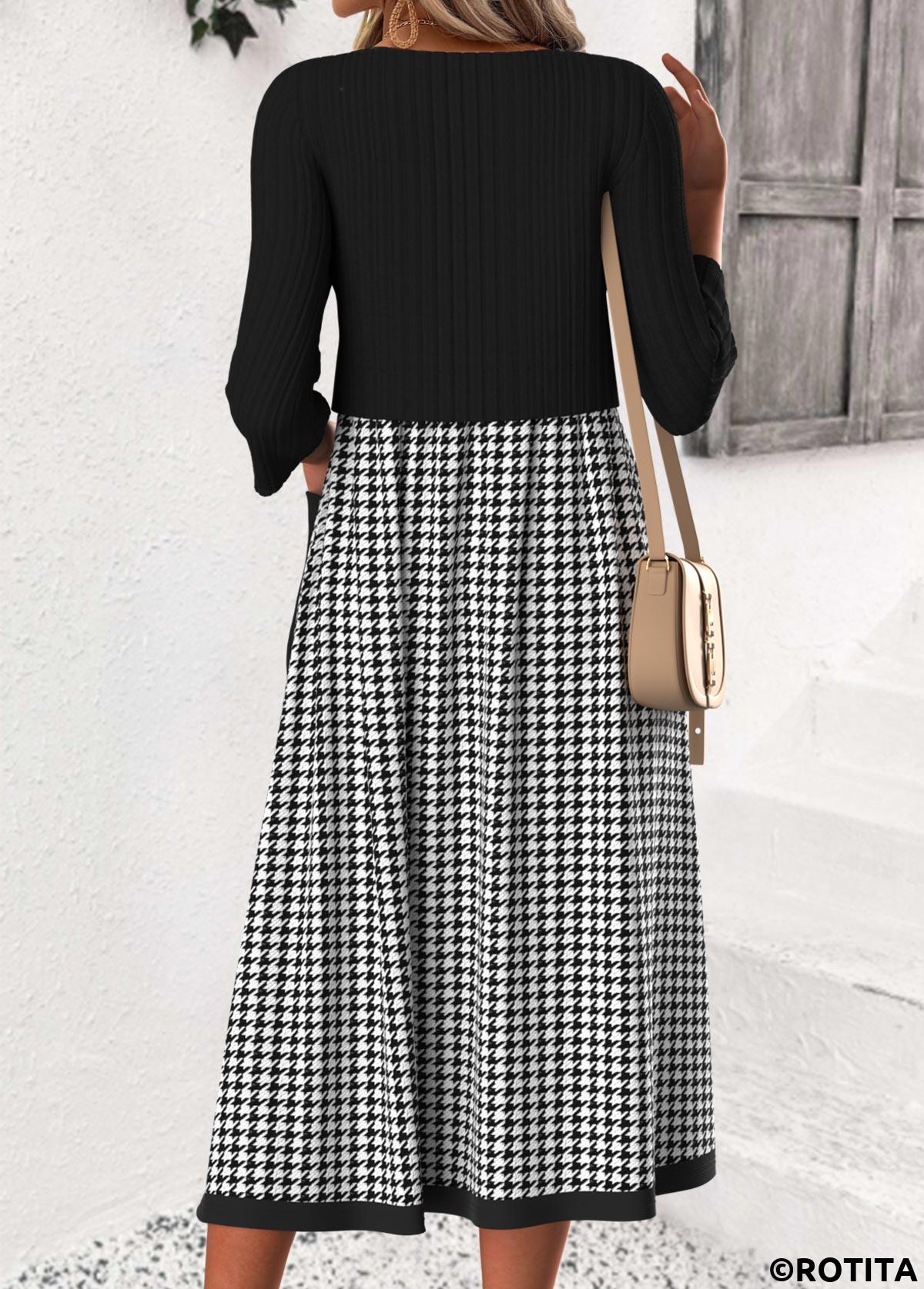 Black dresses,Plaid dresses,Geometric dresses,Everyday dresses,Casual dresses,ROTITA Tummy Coverage Plaid Black Round Neck 3/4 Sleeve Dress
