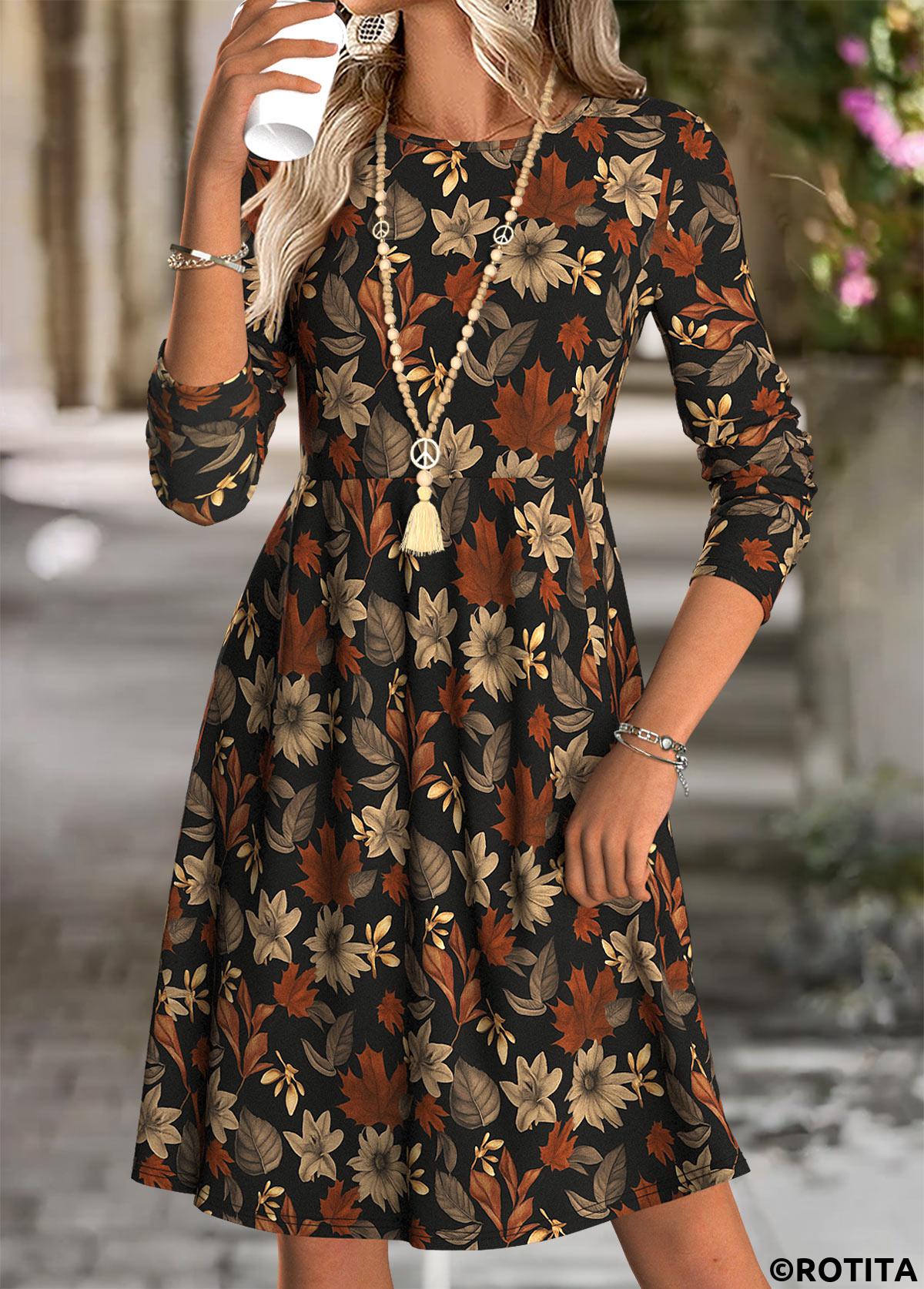 Multi Color dresses,Plants dresses,Casual dresses,ROTITA Tummy Coverage Leaf Print Multi Color Round Neck Dress