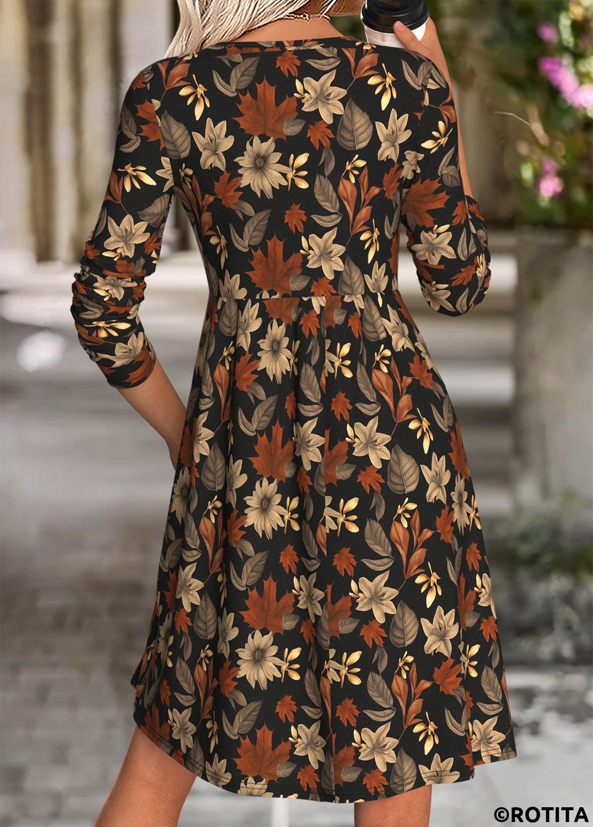 Multi Color dresses,Plants dresses,Casual dresses,ROTITA Tummy Coverage Leaf Print Multi Color Round Neck Dress