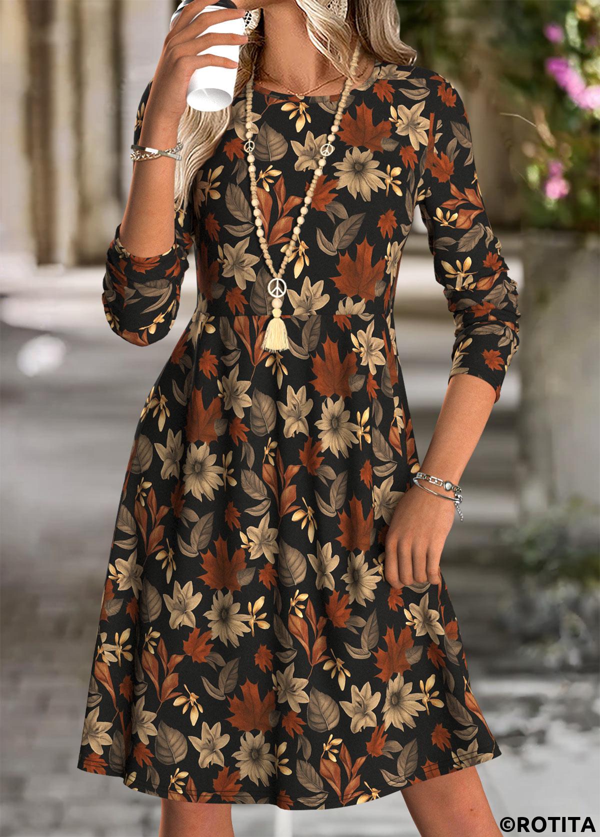 Multi Color dresses,Plants dresses,Casual dresses,ROTITA Tummy Coverage Leaf Print Multi Color Round Neck Dress