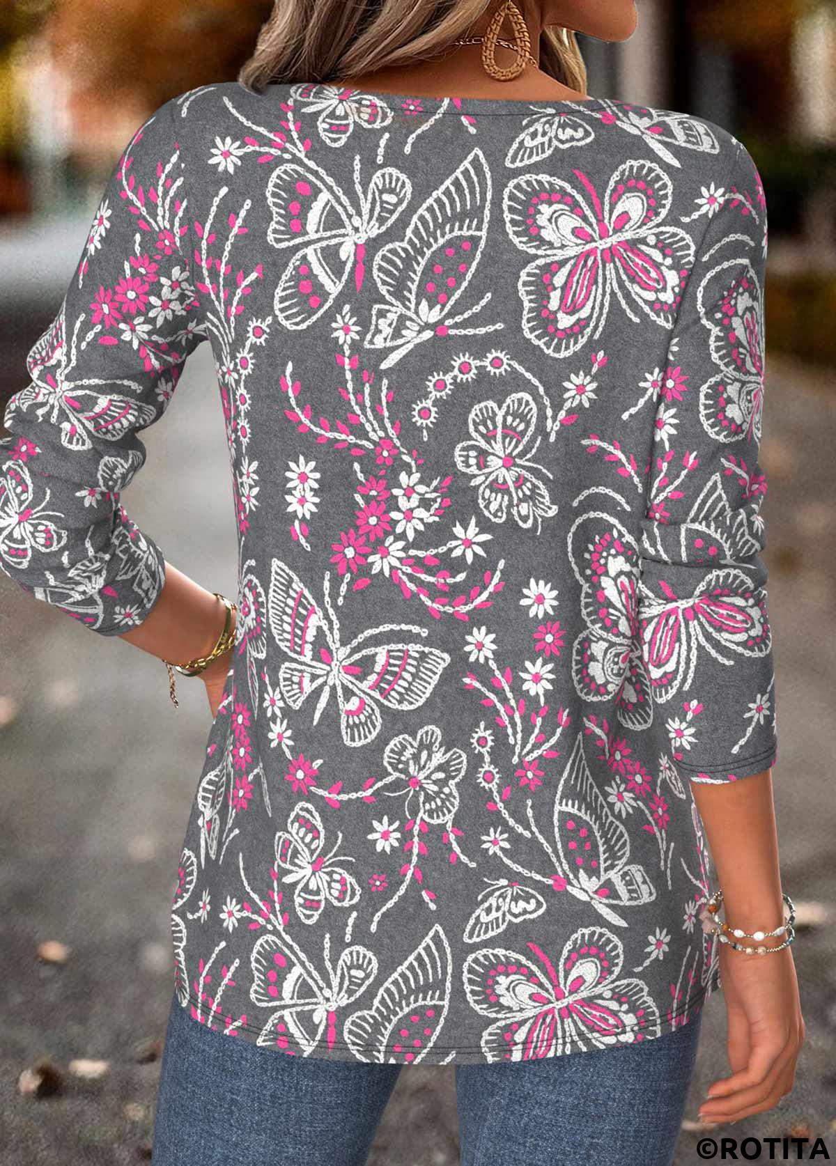 Dark Grey Marl tops,Animal Print tops,ROTITA Tummy Coverage Butterfly Print Dark Grey Marl T Shirt