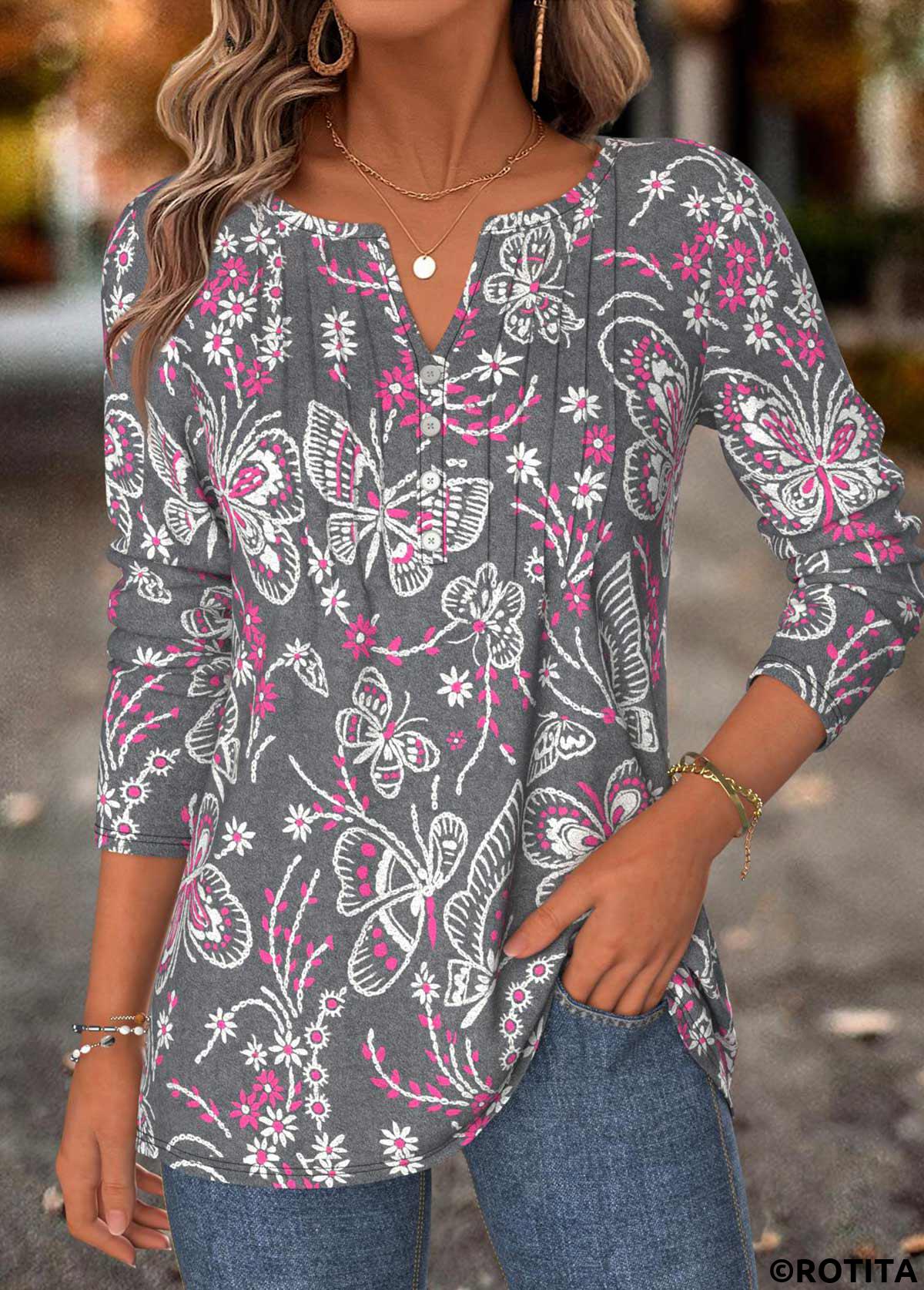 Dark Grey Marl tops,Animal Print tops,ROTITA Tummy Coverage Butterfly Print Dark Grey Marl T Shirt