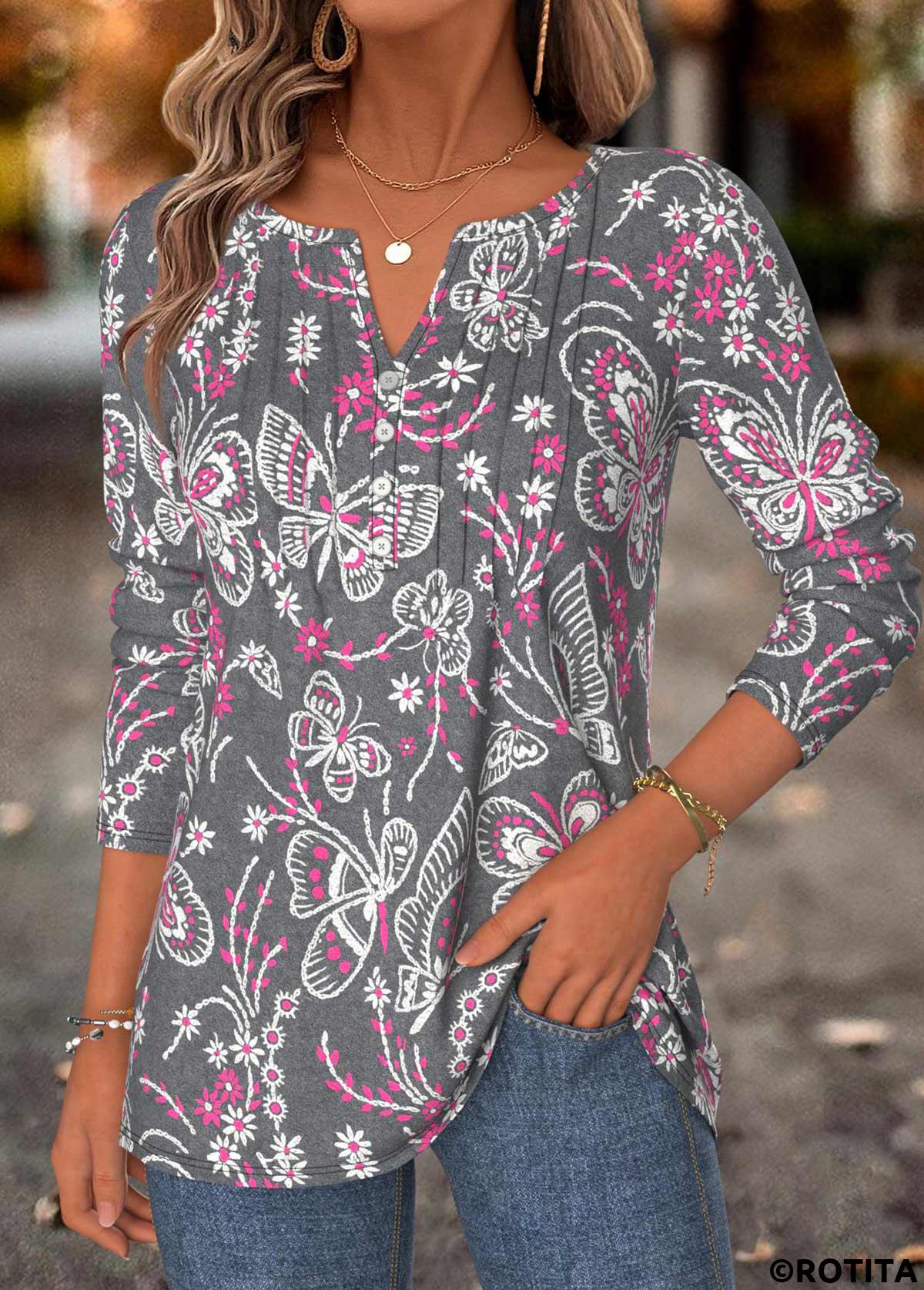 Dark Grey Marl tops,Animal Print tops,ROTITA Tummy Coverage Butterfly Print Dark Grey Marl T Shirt