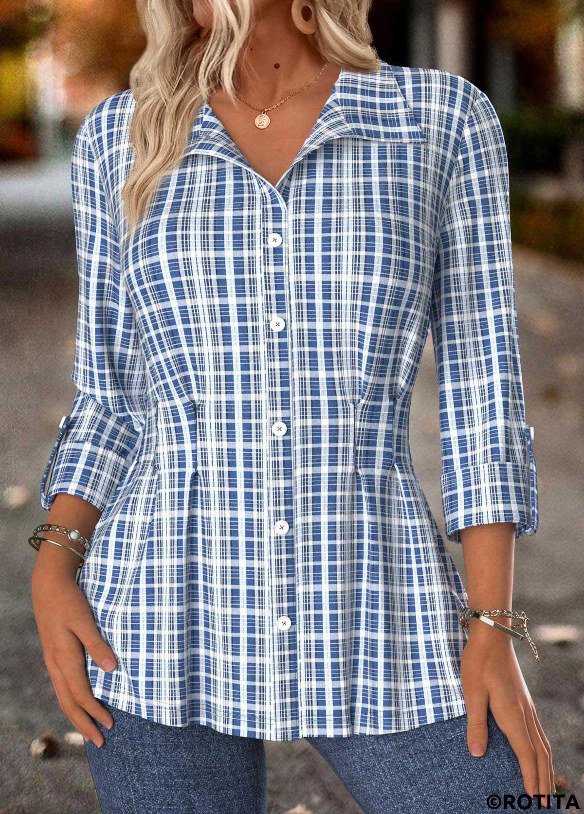 Blue tops,Plaid tops,Geometric tops,ROTITA Tummy Control Plaid Blue Shirt Collar Long Sleeve Blouse
