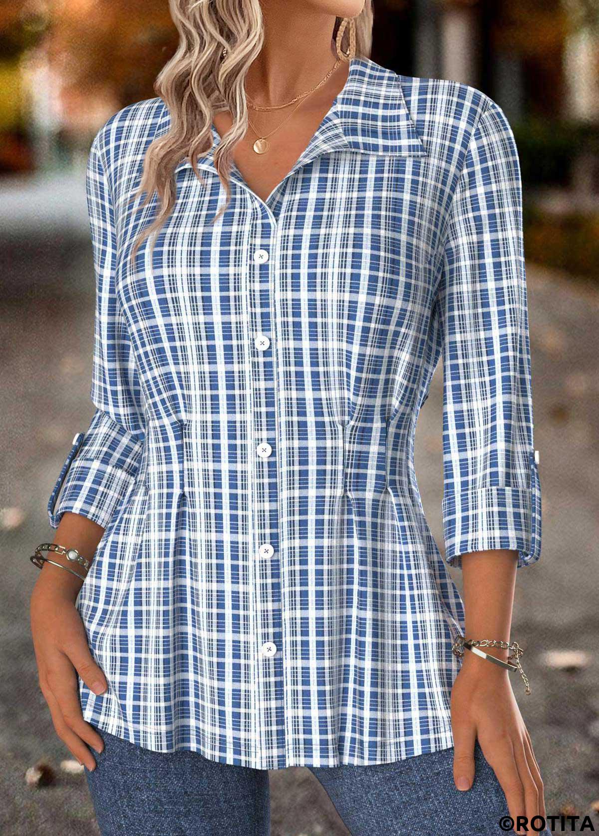 Blue tops,Plaid tops,Geometric tops,ROTITA Tummy Control Plaid Blue Shirt Collar Long Sleeve Blouse