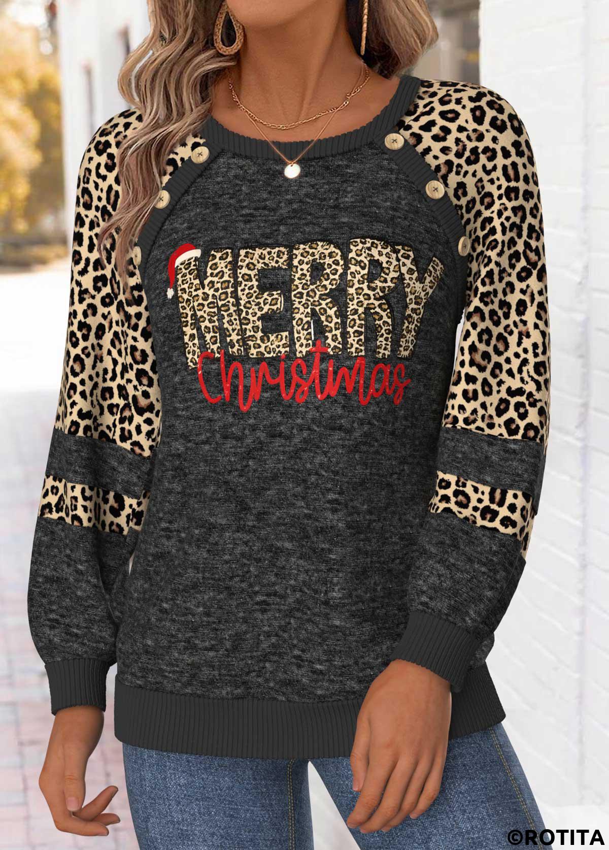 Black tops,Christmas tops,ROTITA Christmas Tummy Coverage Black Round Neck Long Sleeve Sweatshirt