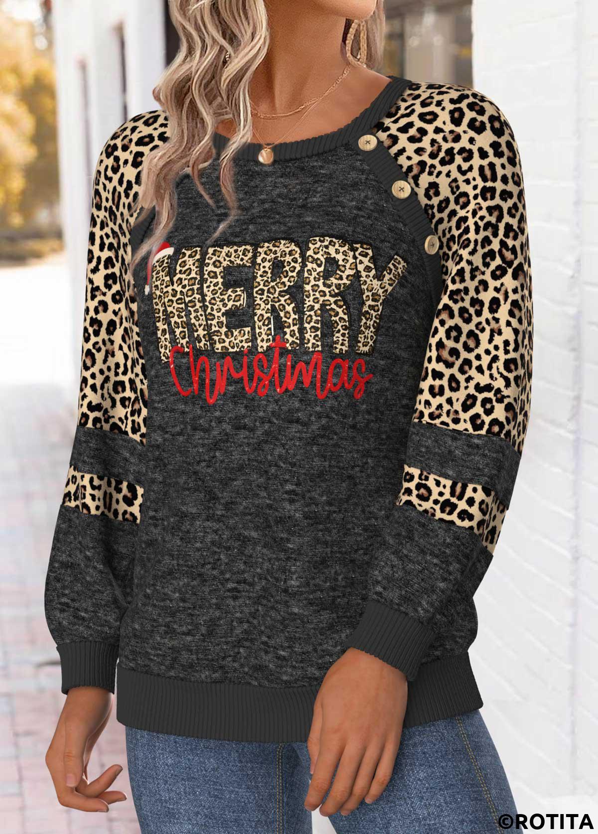 Black tops,Christmas tops,ROTITA Christmas Tummy Coverage Black Round Neck Long Sleeve Sweatshirt