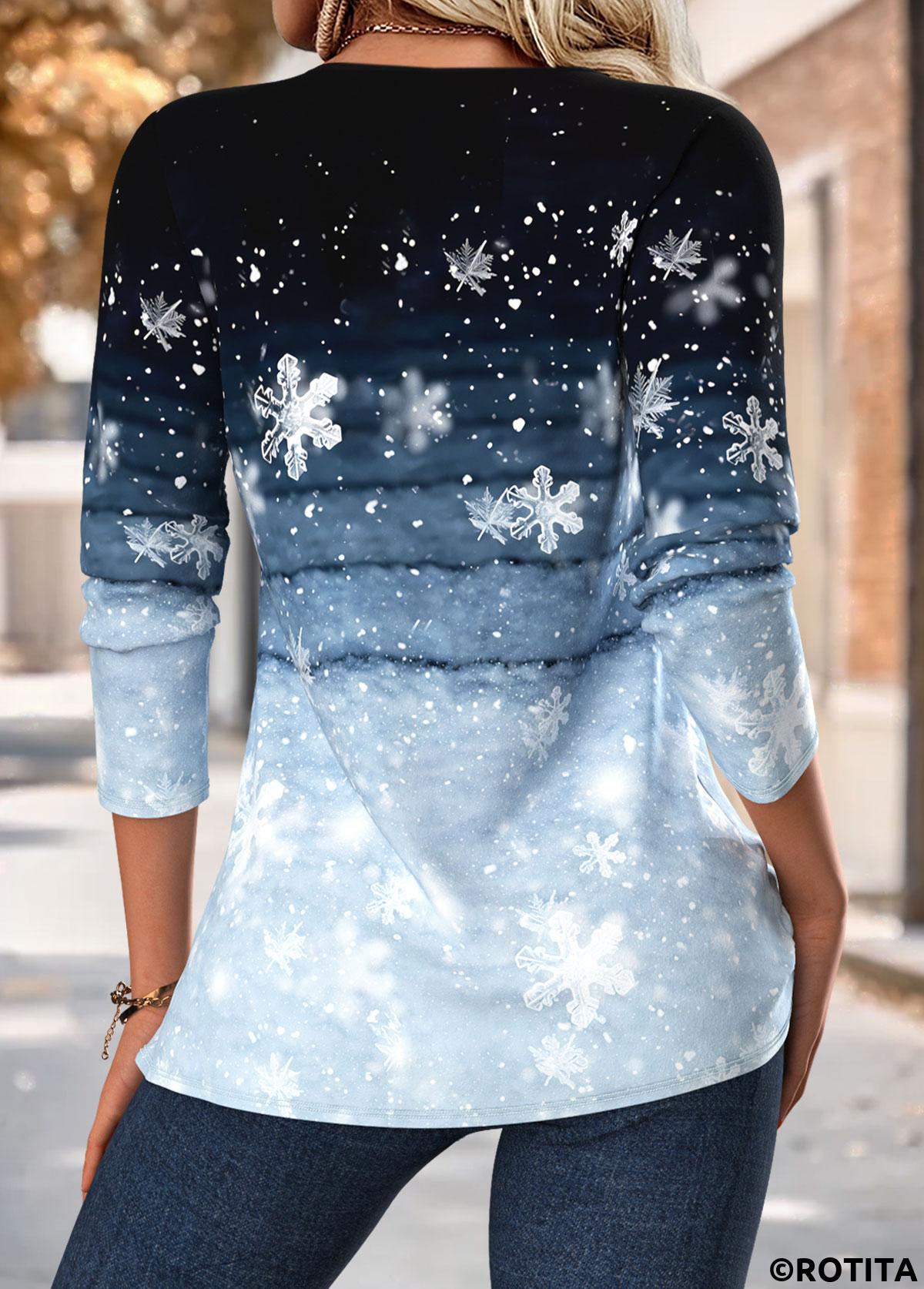 Blue tops,Christmas tops,ROTITA Tuck Stitch Snowflake Print Blue Split Neck Blouse