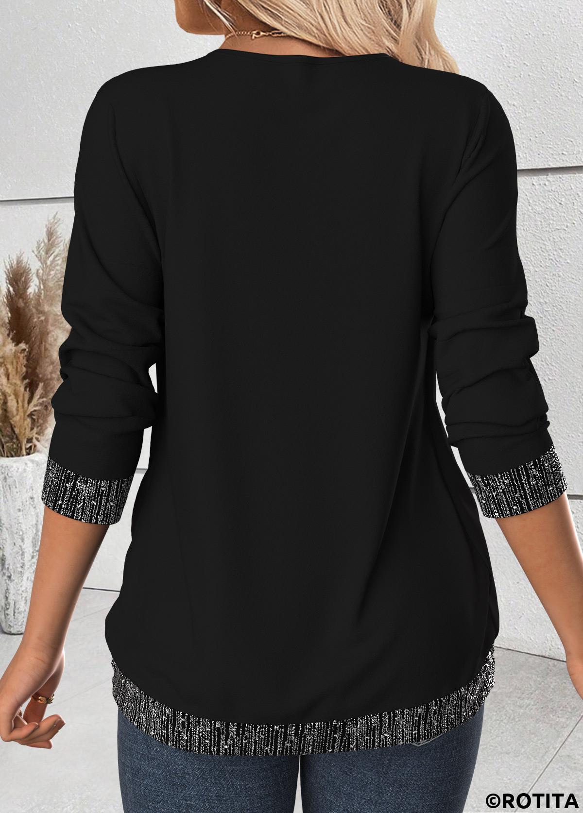 Black tops,Plain Color tops,ROTITA Tummy Coverage Black Draped Neck Long Sleeve T Shirt