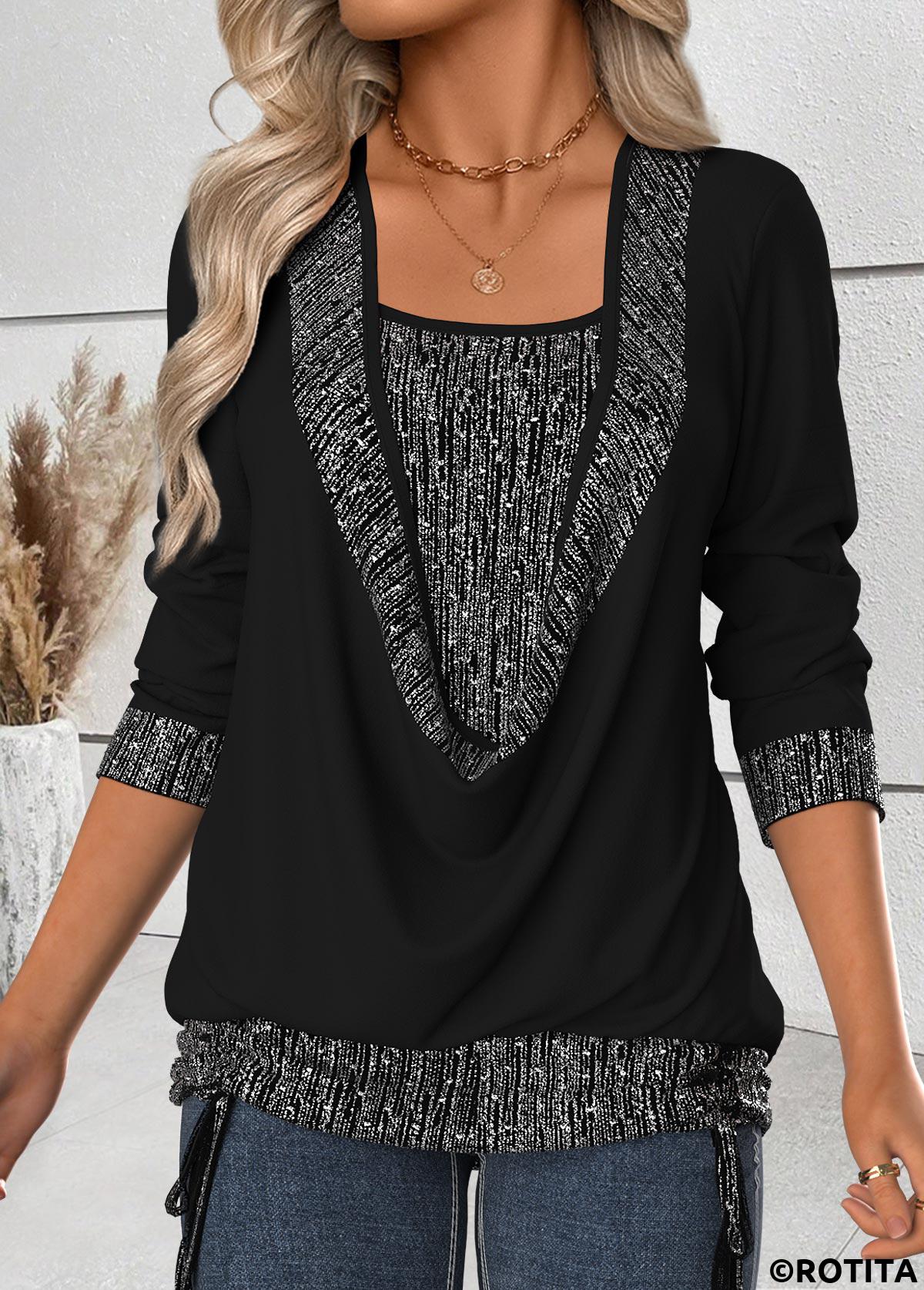 Black tops,Plain Color tops,ROTITA Tummy Coverage Black Draped Neck Long Sleeve T Shirt