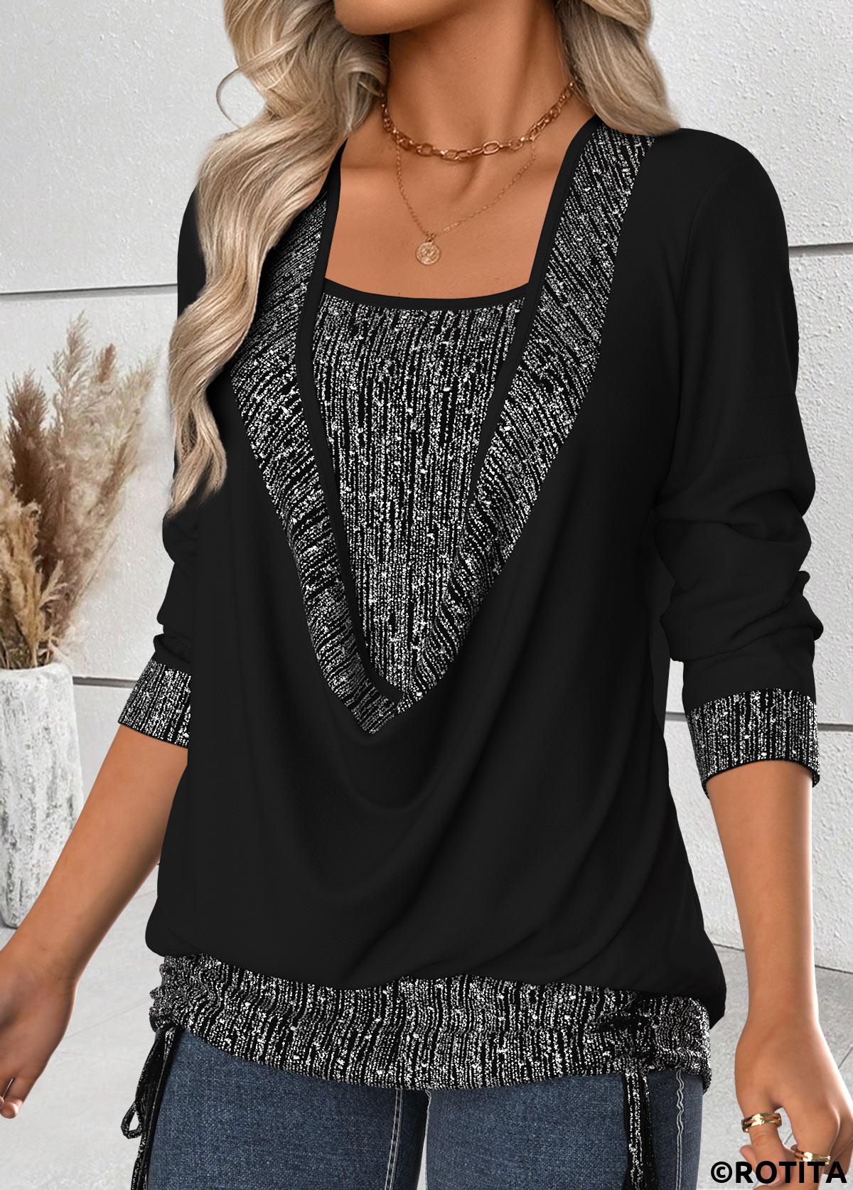 Black tops,Plain Color tops,ROTITA Tummy Coverage Black Draped Neck Long Sleeve T Shirt