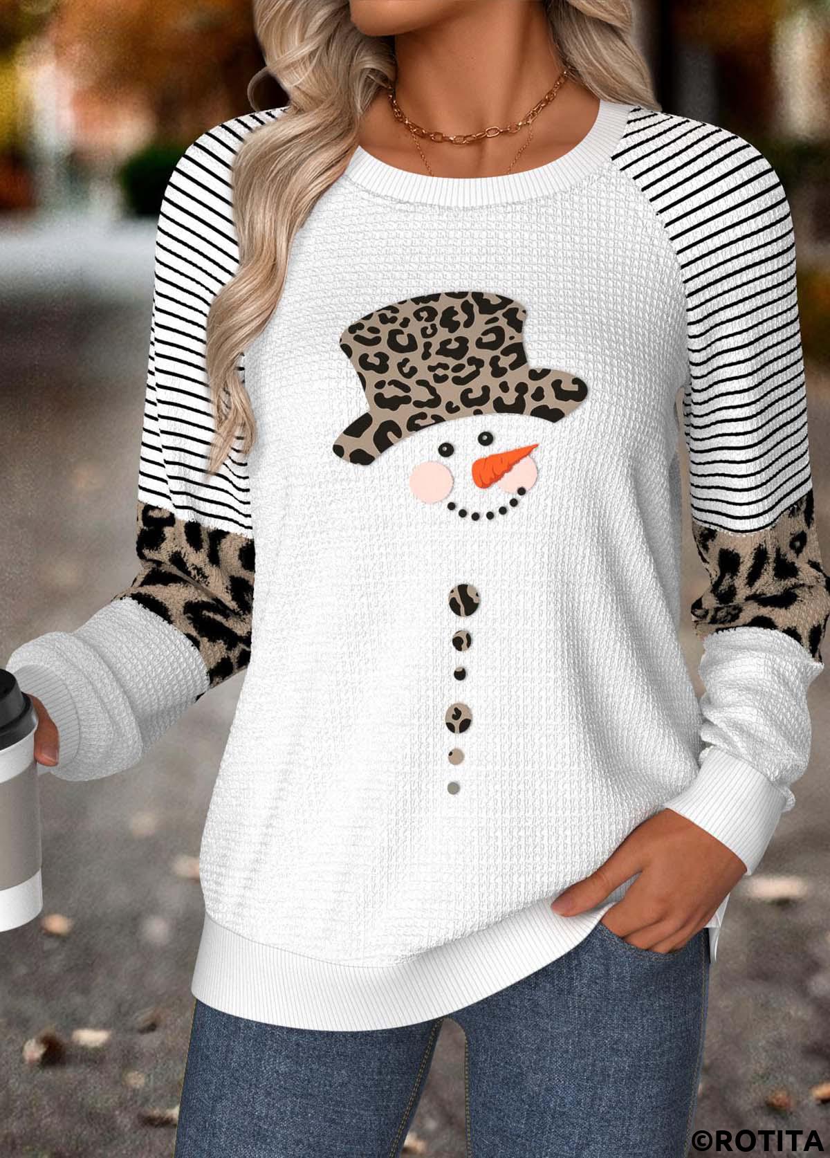 White tops,Christmas tops,ROTITA Tummy Coverage Snowman Print White Round Neck Sweatshirt