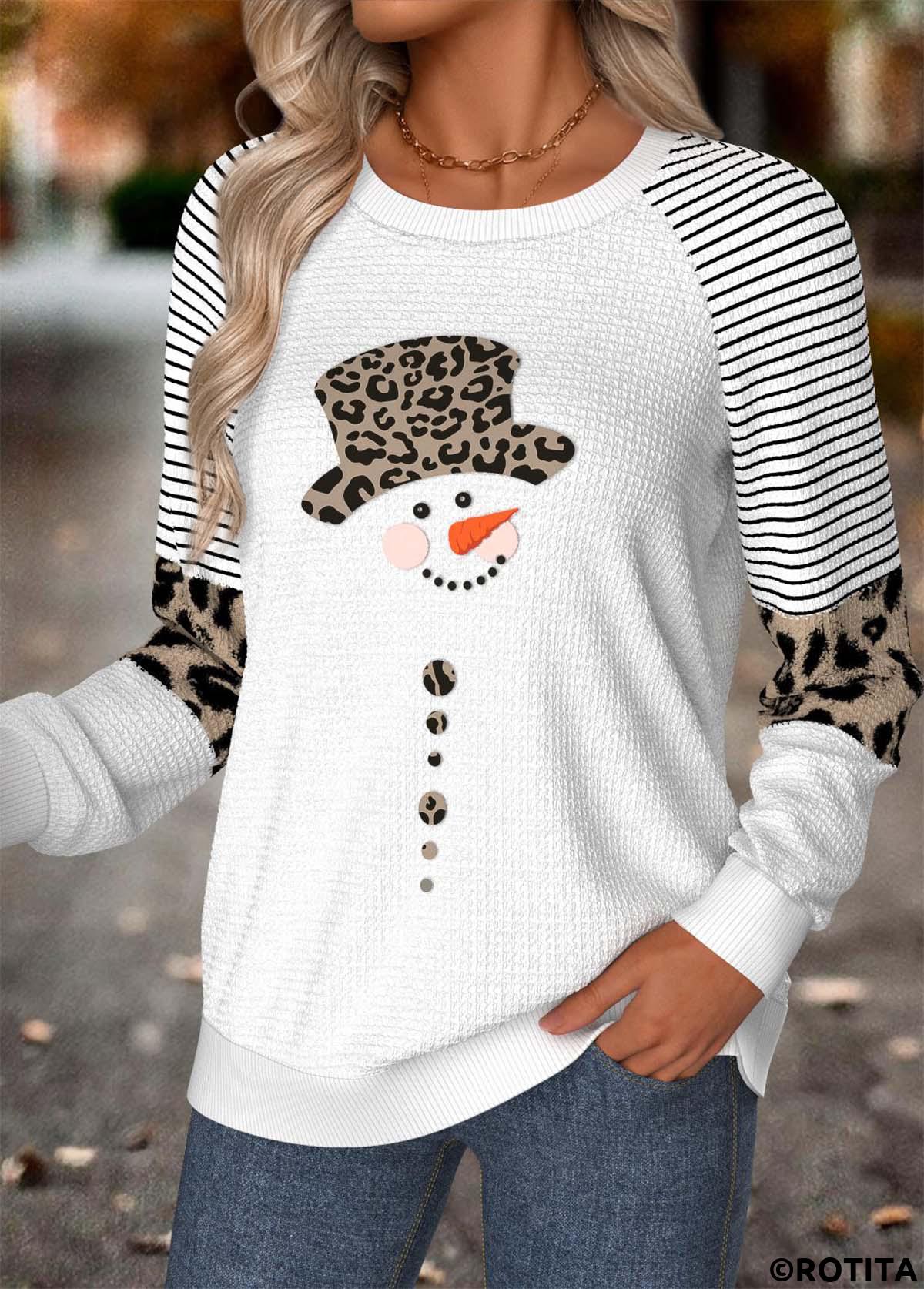 White tops,Christmas tops,ROTITA Tummy Coverage Snowman Print White Round Neck Sweatshirt
