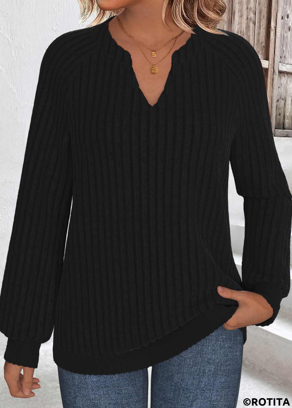 Black tops,Plain Color tops,ROTITA Black Split Neck Long Sleeve Sweatshirt