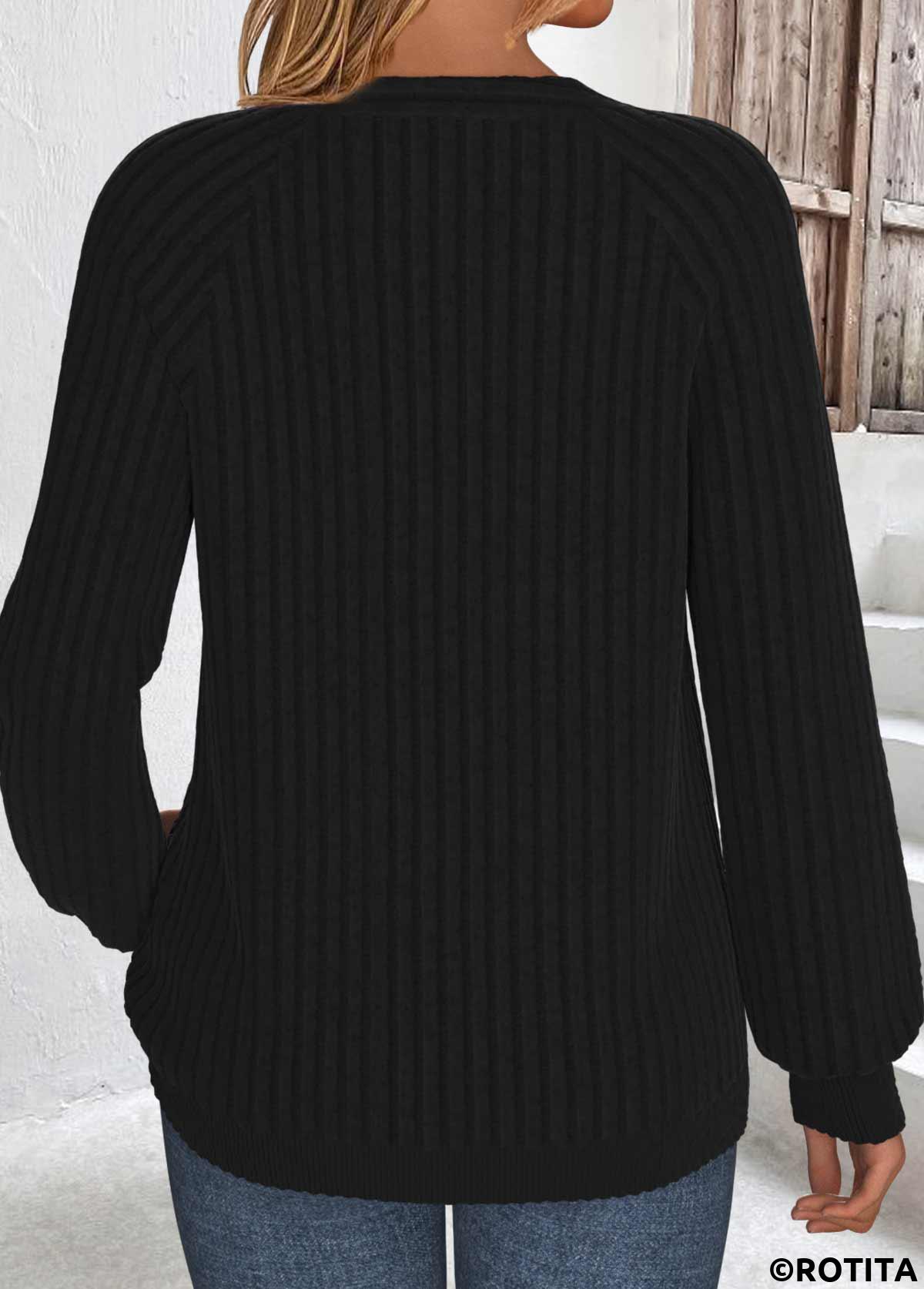 Black tops,Plain Color tops,ROTITA Black Split Neck Long Sleeve Sweatshirt
