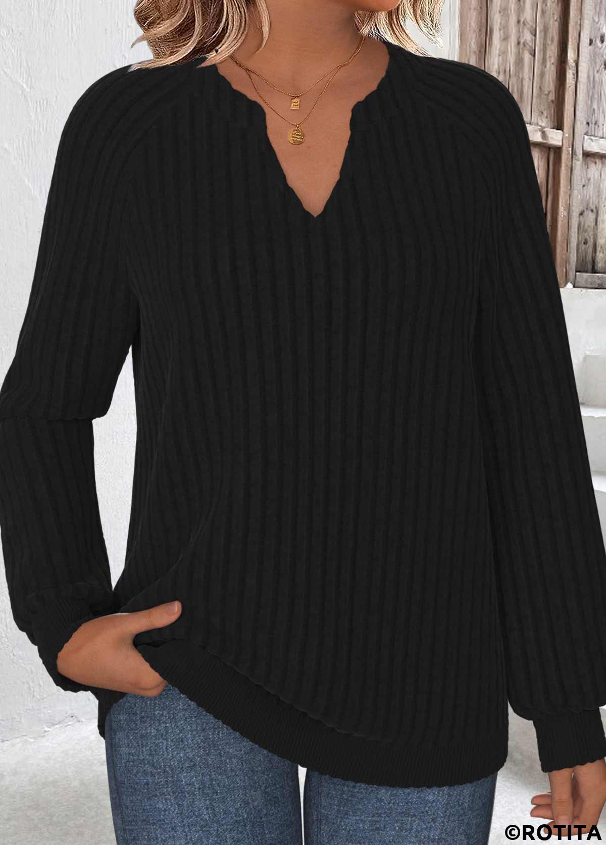 Black tops,Plain Color tops,ROTITA Black Split Neck Long Sleeve Sweatshirt