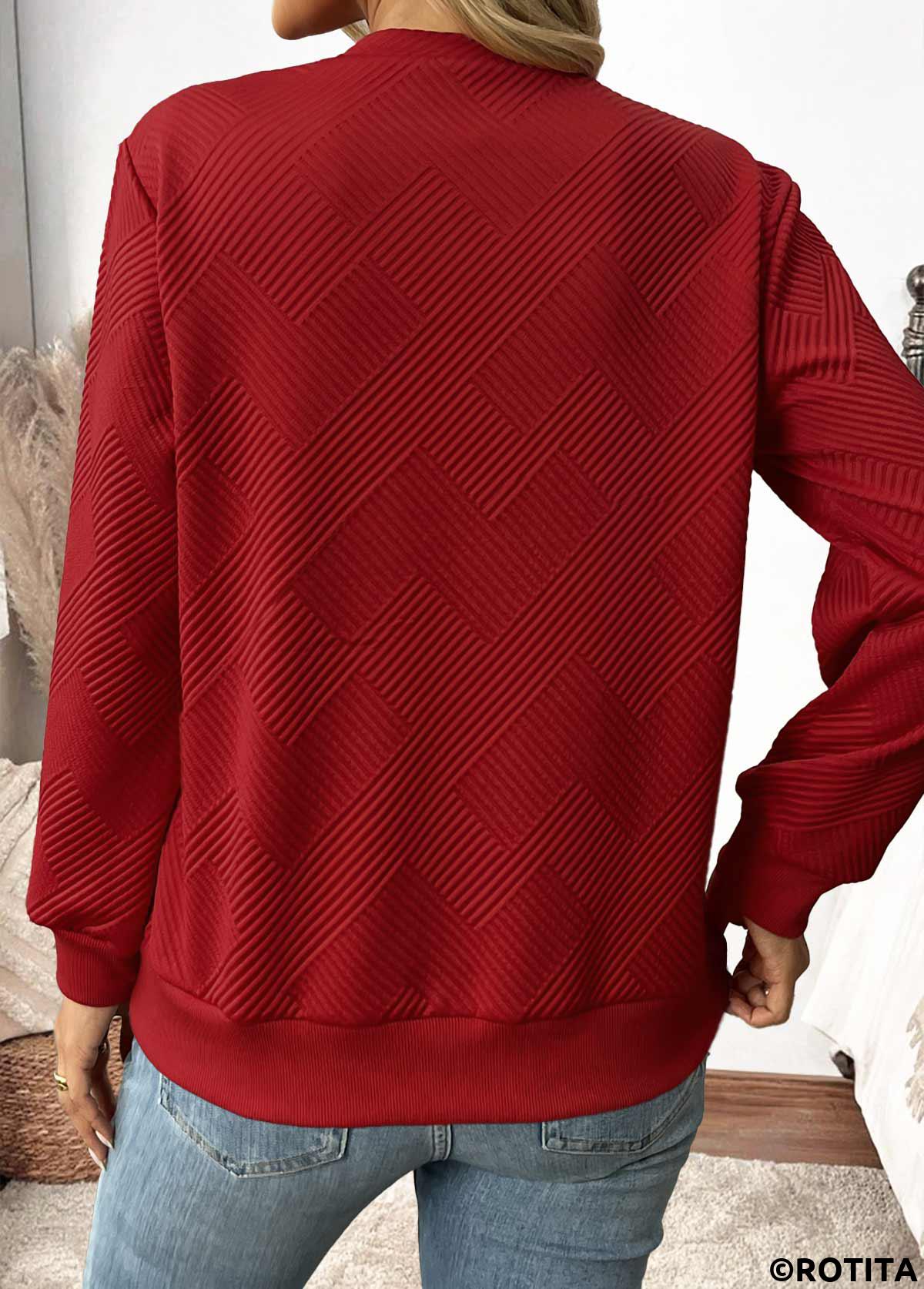 Wine Red tops,Plain Color tops,ROTITA Button Wine Red Asymmetrical Neck Long Sleeve Sweatshirt