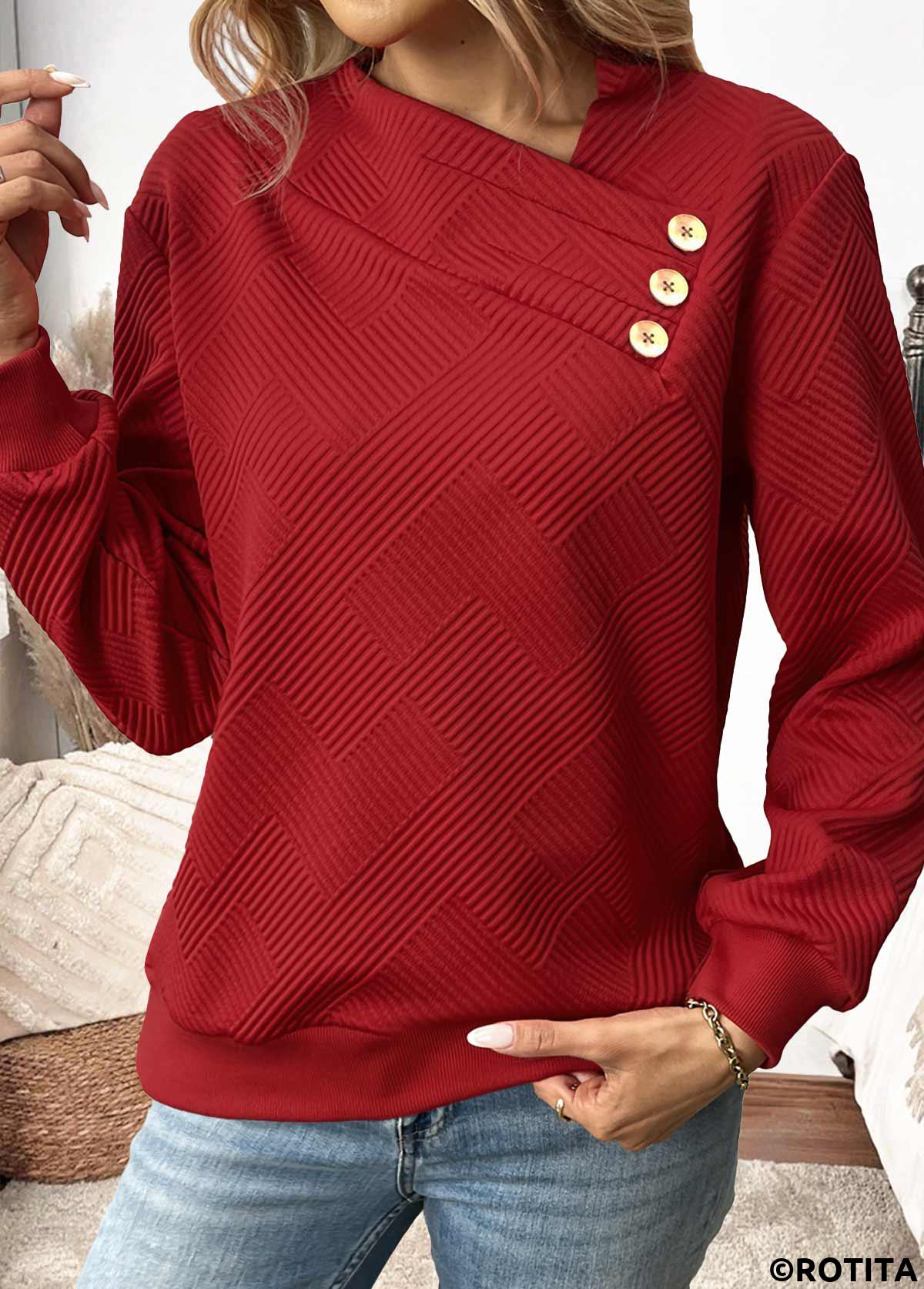 Wine Red tops,Plain Color tops,ROTITA Button Wine Red Asymmetrical Neck Long Sleeve Sweatshirt