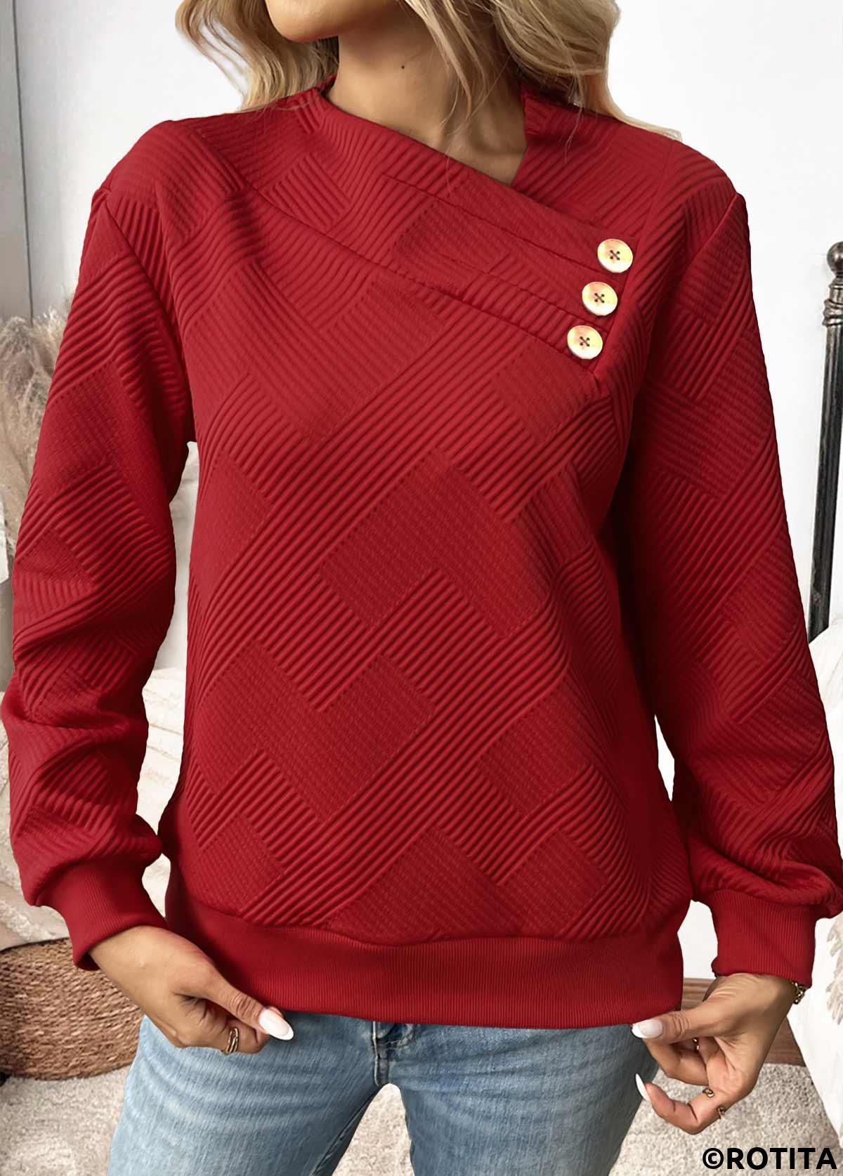 Wine Red tops,Plain Color tops,ROTITA Button Wine Red Asymmetrical Neck Long Sleeve Sweatshirt