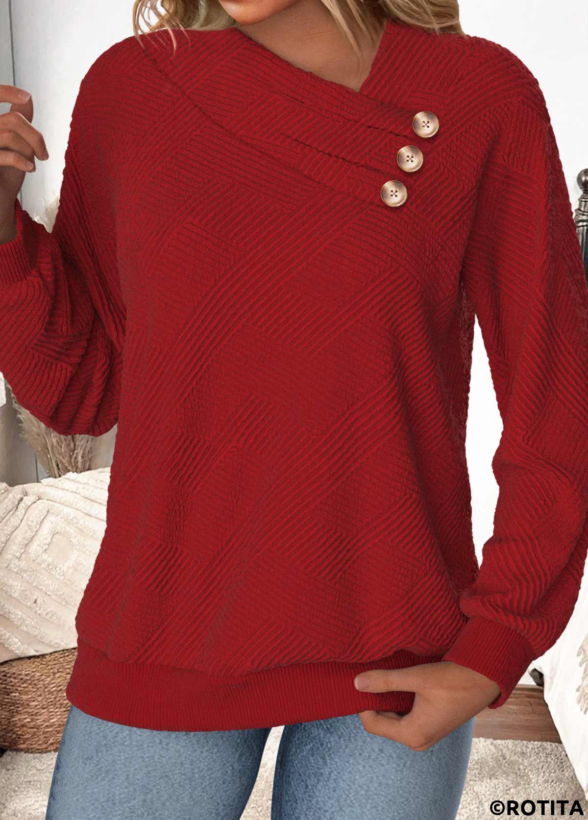 Wine Red tops,Plain Color tops,ROTITA Button Wine Red Asymmetrical Neck Long Sleeve Sweatshirt