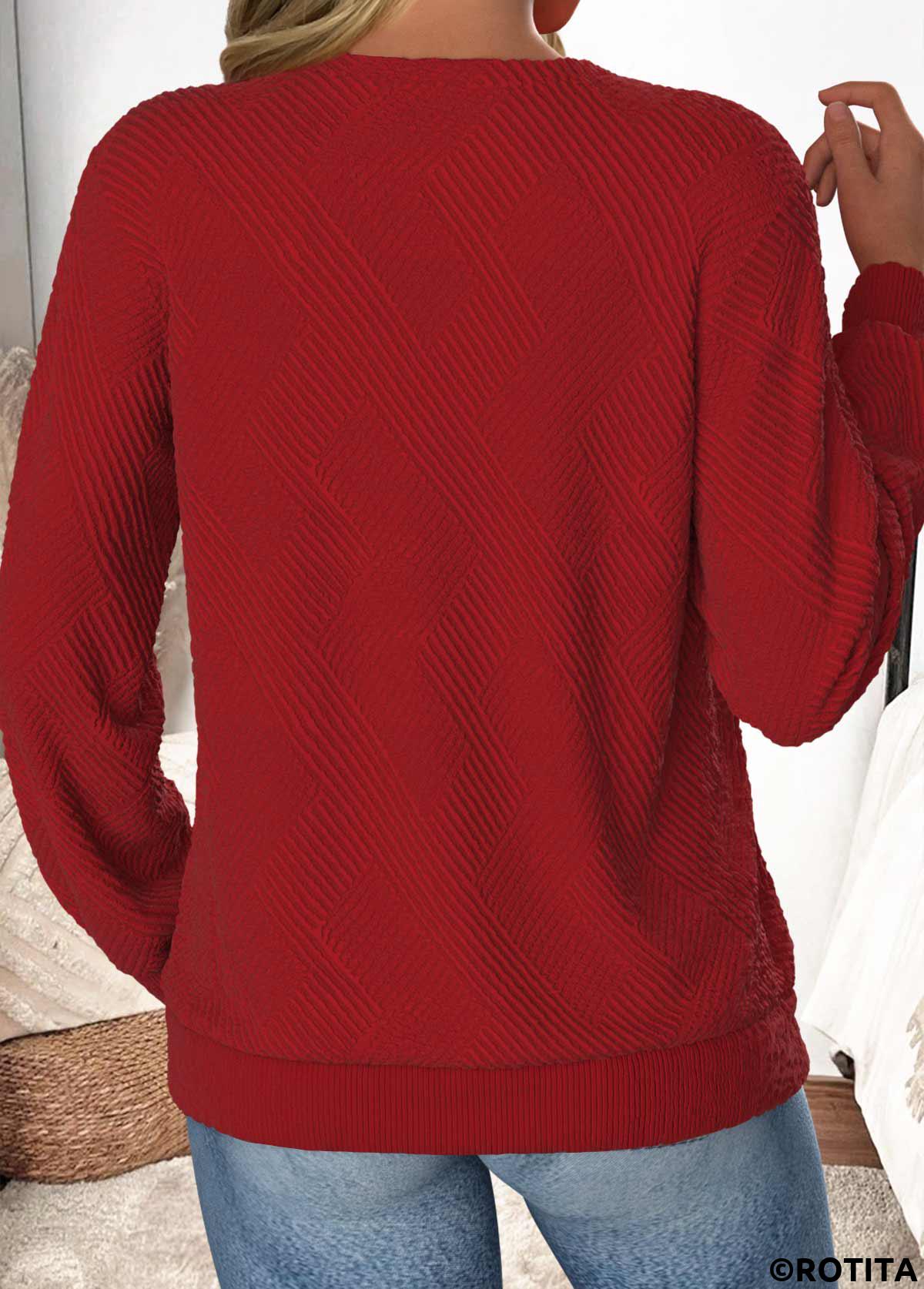 Wine Red tops,Plain Color tops,ROTITA Button Wine Red Asymmetrical Neck Long Sleeve Sweatshirt