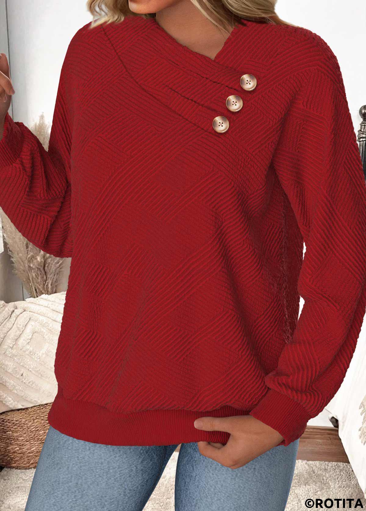 Wine Red tops,Plain Color tops,ROTITA Button Wine Red Asymmetrical Neck Long Sleeve Sweatshirt