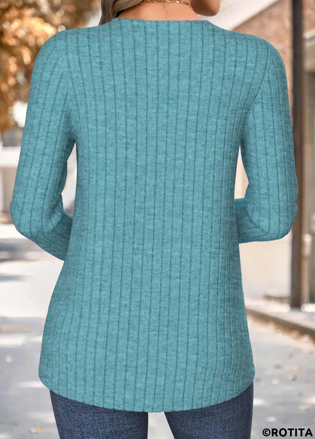 Mint Green tops,Plain Color tops,ROTITA Patchwork Multi Color V Neck Long Sleeve T Shirt