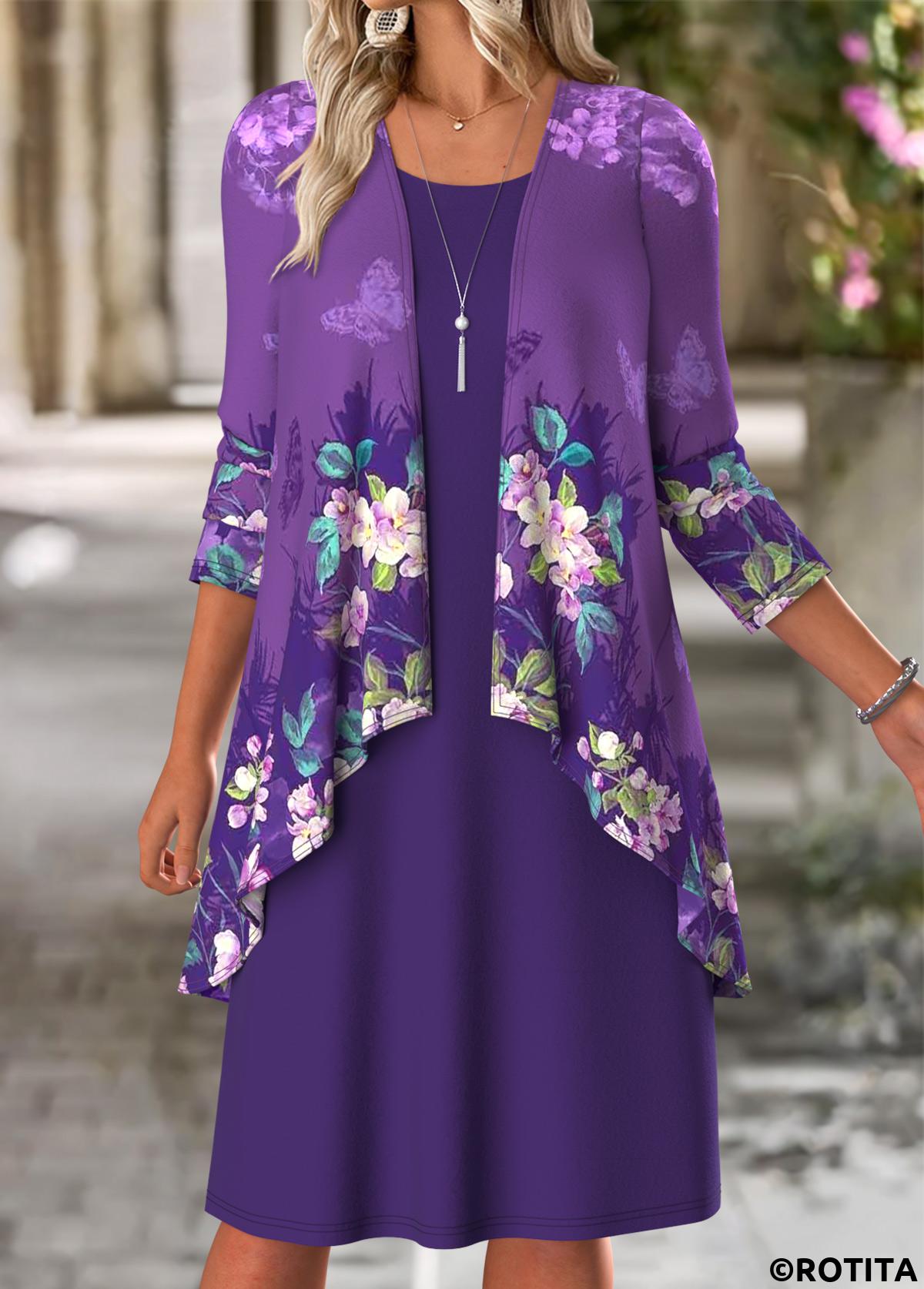 Purple dresses,Floral dresses,Plants dresses,Casual dresses,ROTITA Tummy Coverage Floral Print Purple Dress and Cardigan