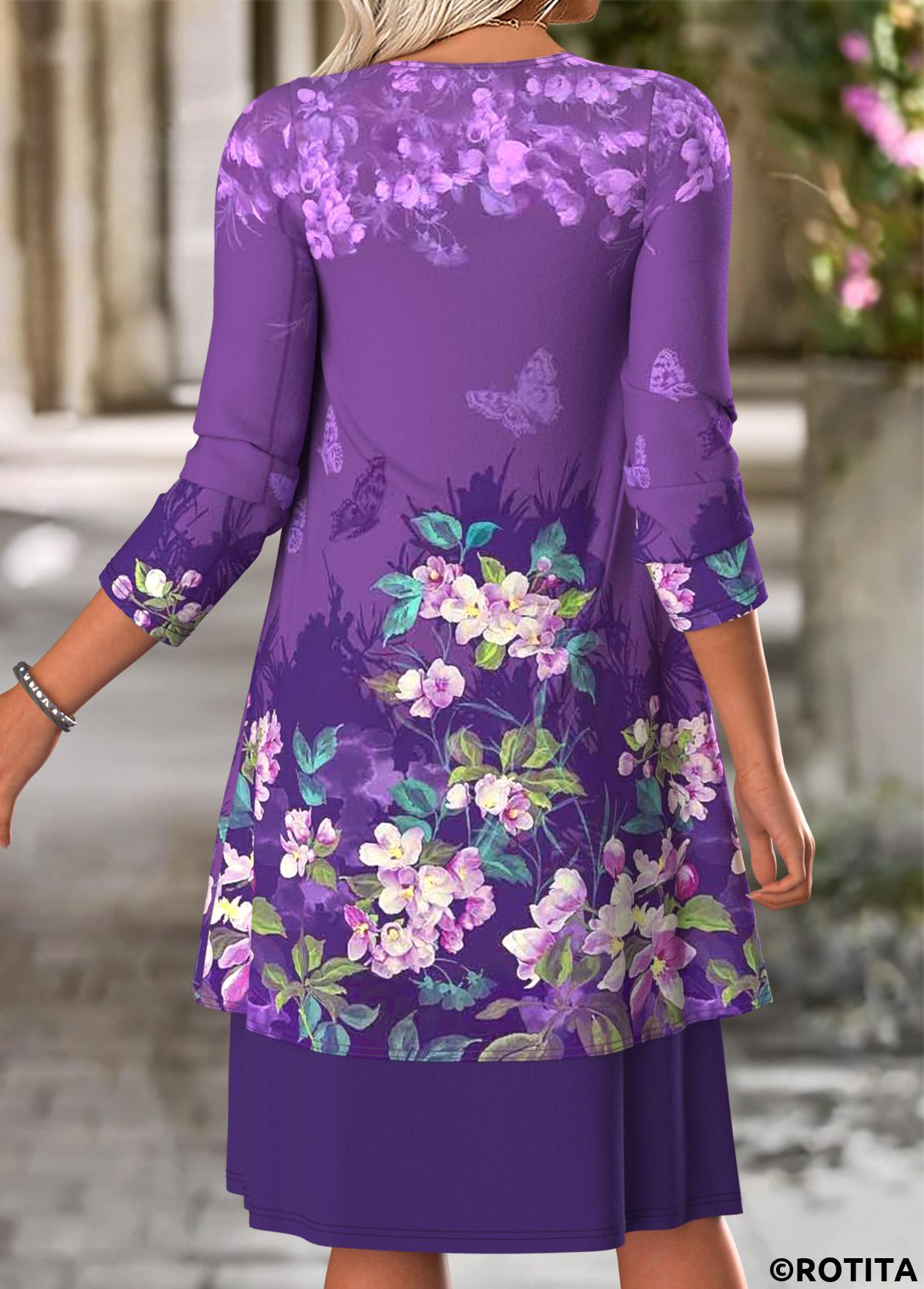 Purple dresses,Floral dresses,Plants dresses,Casual dresses,ROTITA Tummy Coverage Floral Print Purple Dress and Cardigan