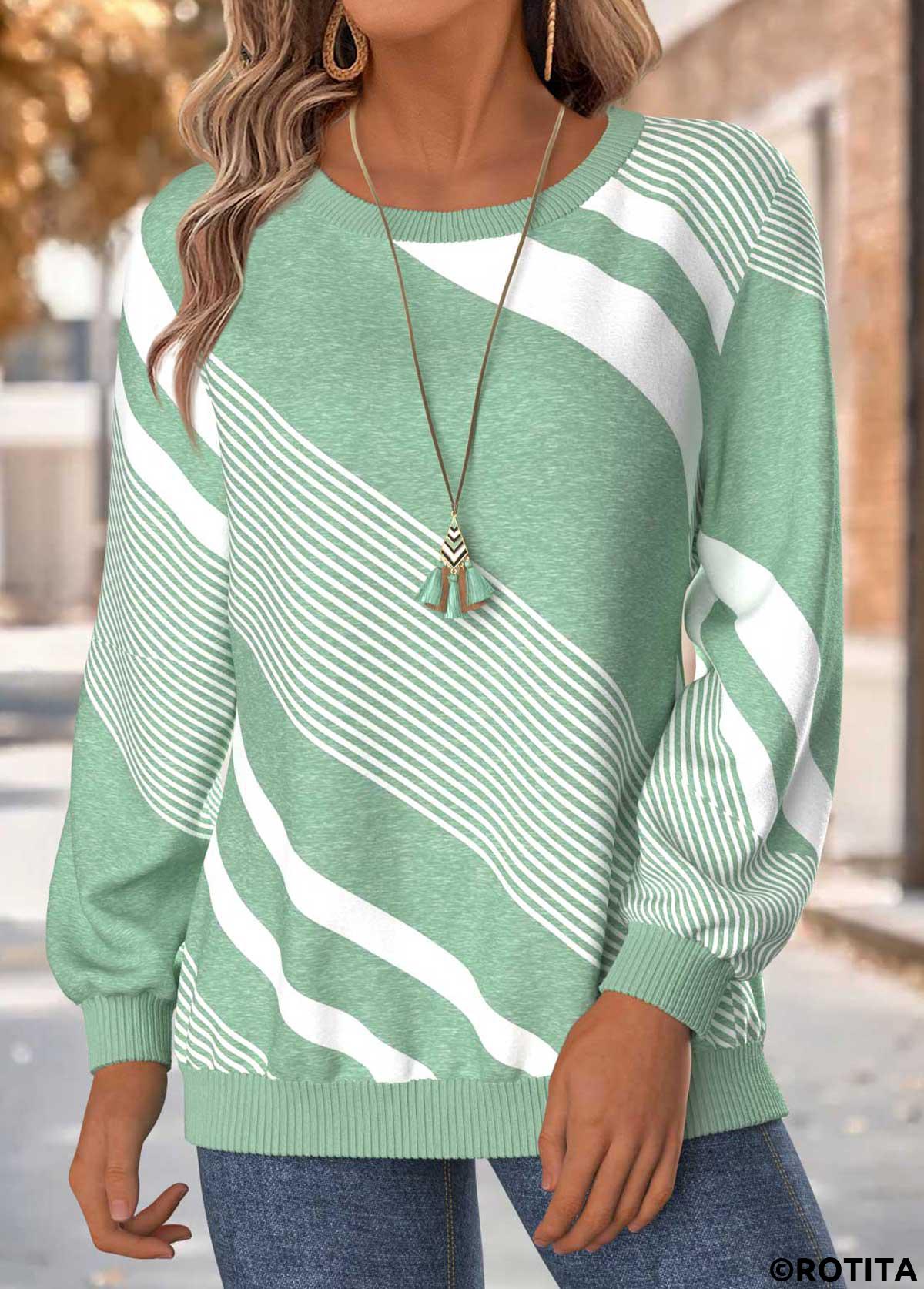 Mint Green tops,Geometric tops,ROTITA Tummy Coverage Geometric Print Mint Green Round Neck Sweatshirt