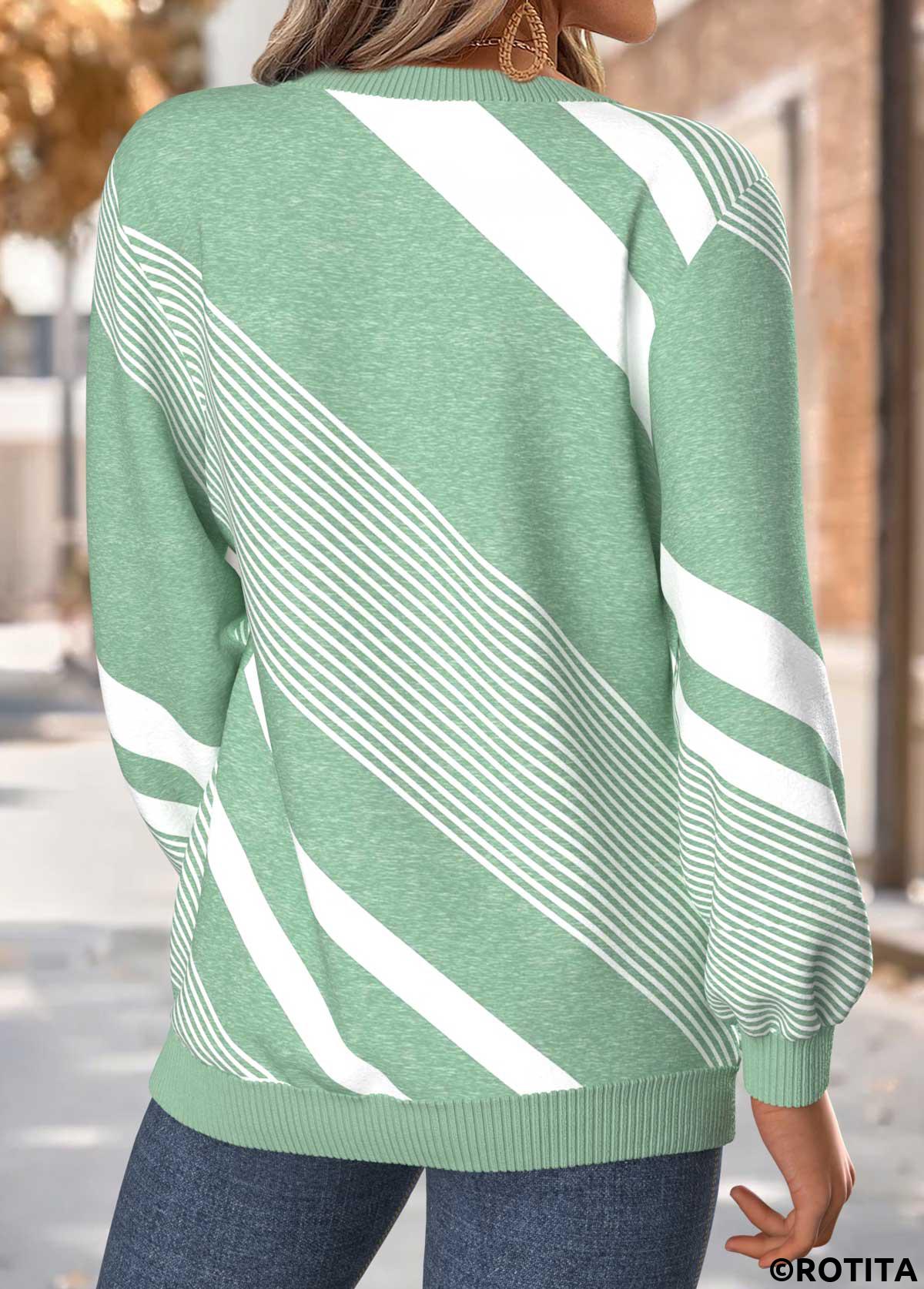 Mint Green tops,Geometric tops,ROTITA Tummy Coverage Geometric Print Mint Green Round Neck Sweatshirt